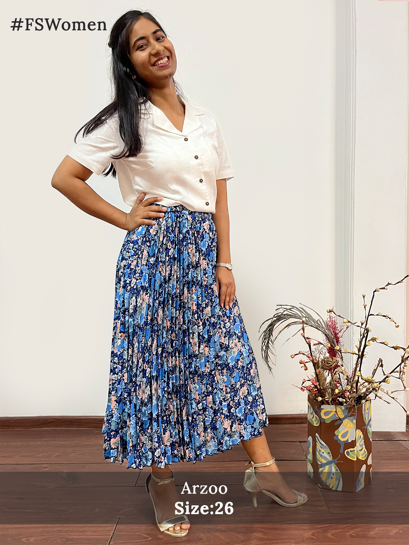 Pleated Flared Floral Midi Skirt - Blue| Formal Skirts