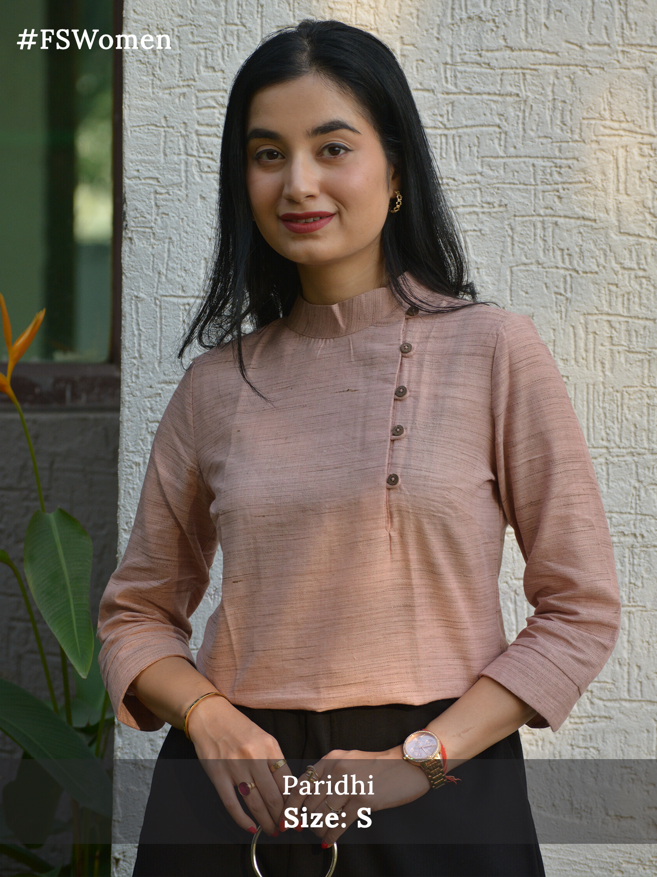 Cotton Yarn Dyed Mandarin Collar Button Detail Top - Dusty Pink| Formal Tops
