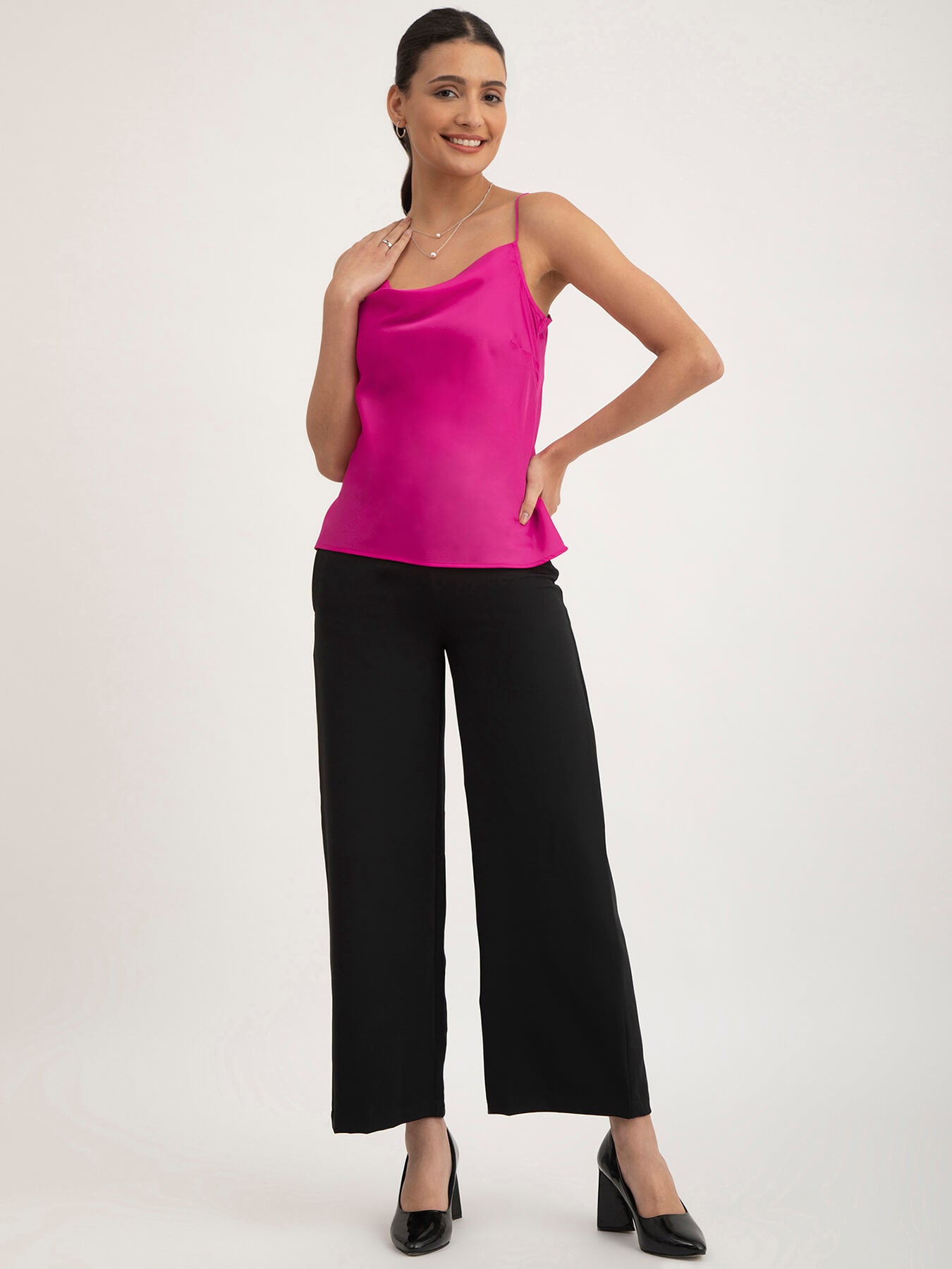 Satin Cowl Neck Camisole - Fuchsia