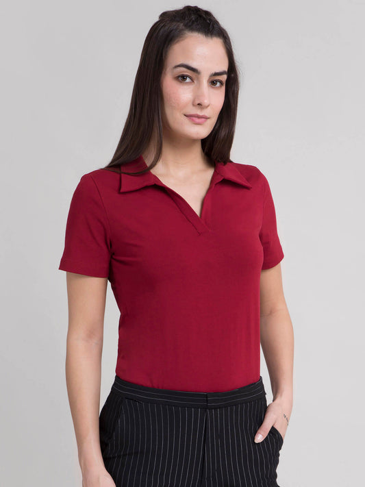 4 Way Stretch Collared LivIn T-shirt - Maroon