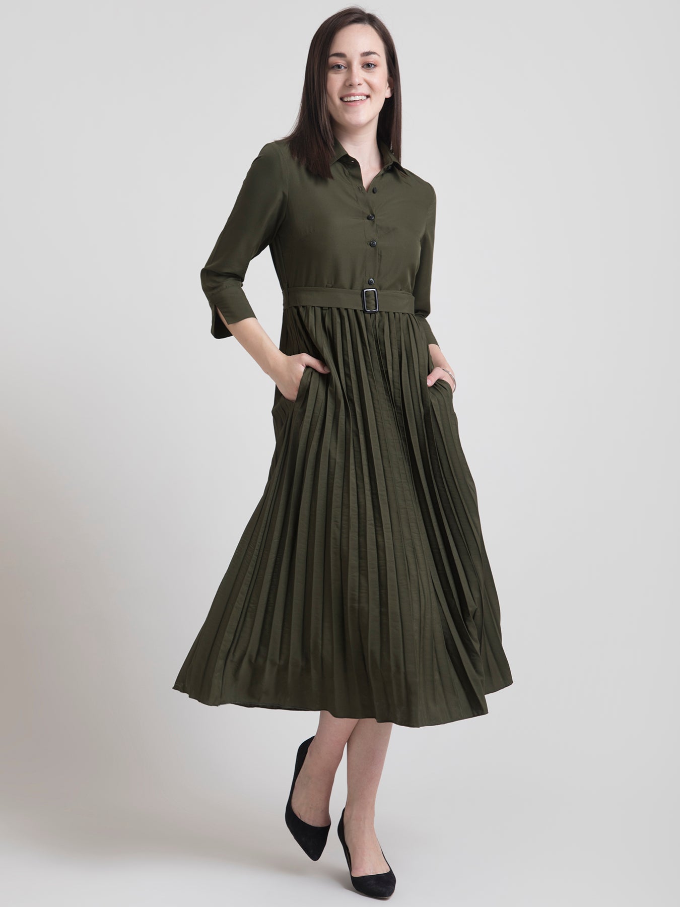 Collared Pleated Fit and Flare Dress - Olive| Formal Dresses