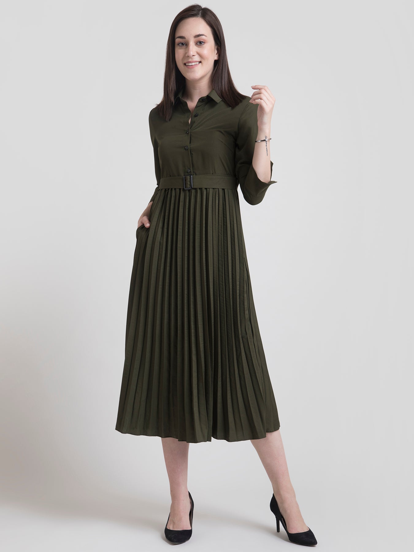 Collared Pleated Fit and Flare Dress - Olive| Formal Dresses