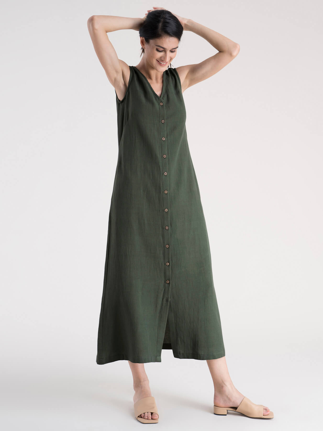 Cotton Button Down A-Line Dress - Olive