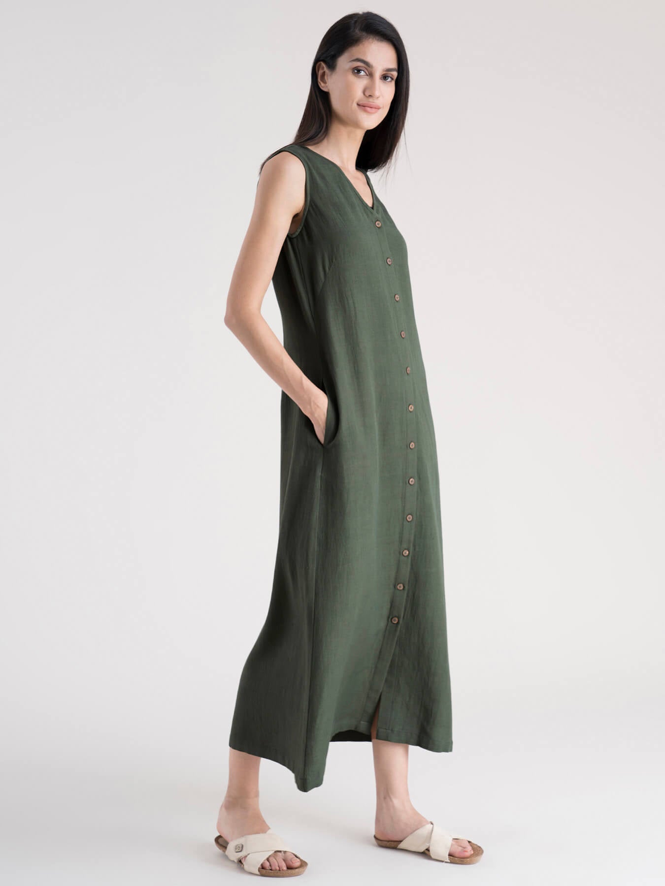 Cotton Button Down A-Line Dress - Olive