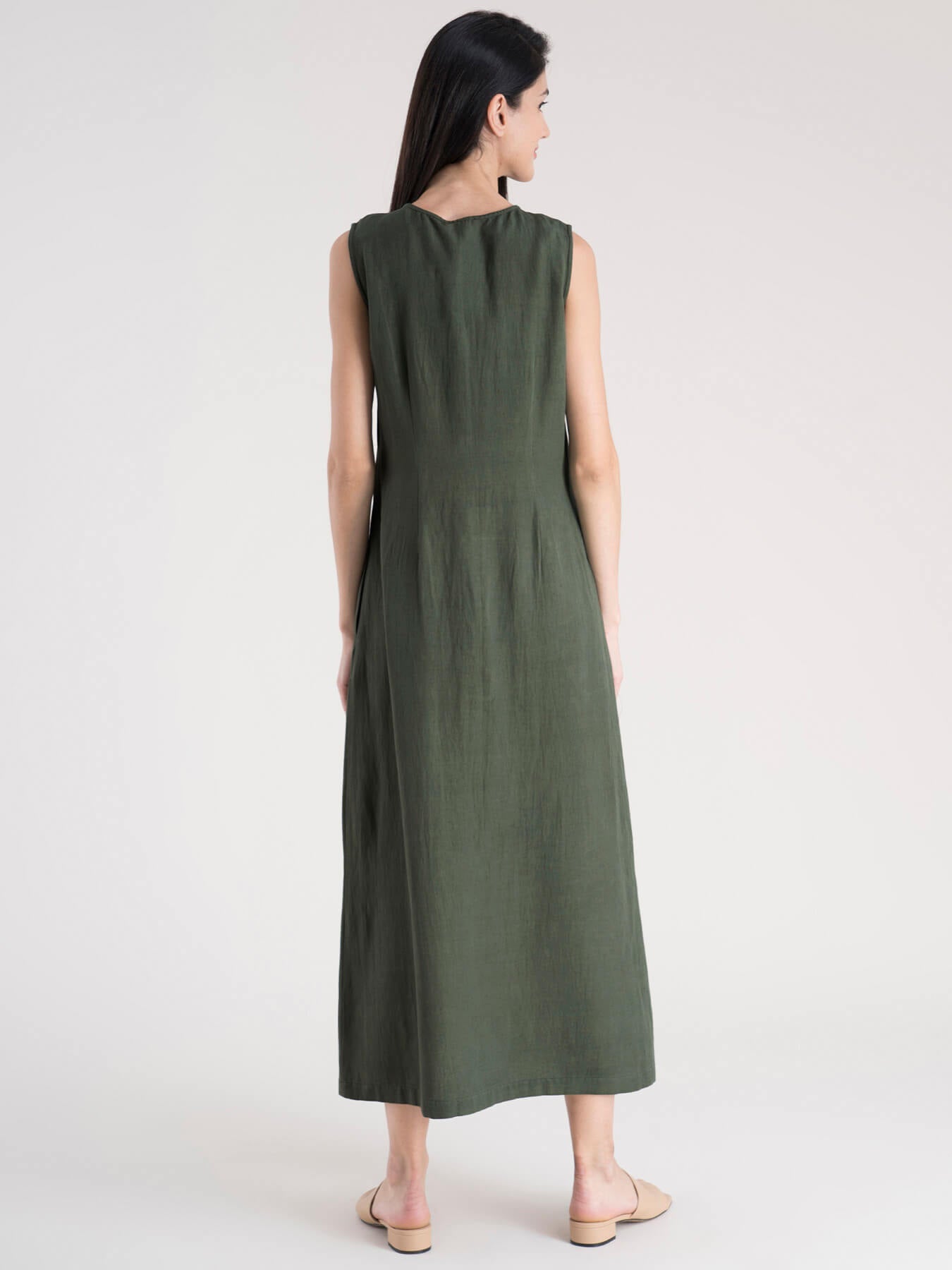 Cotton Button Down A-Line Dress - Olive