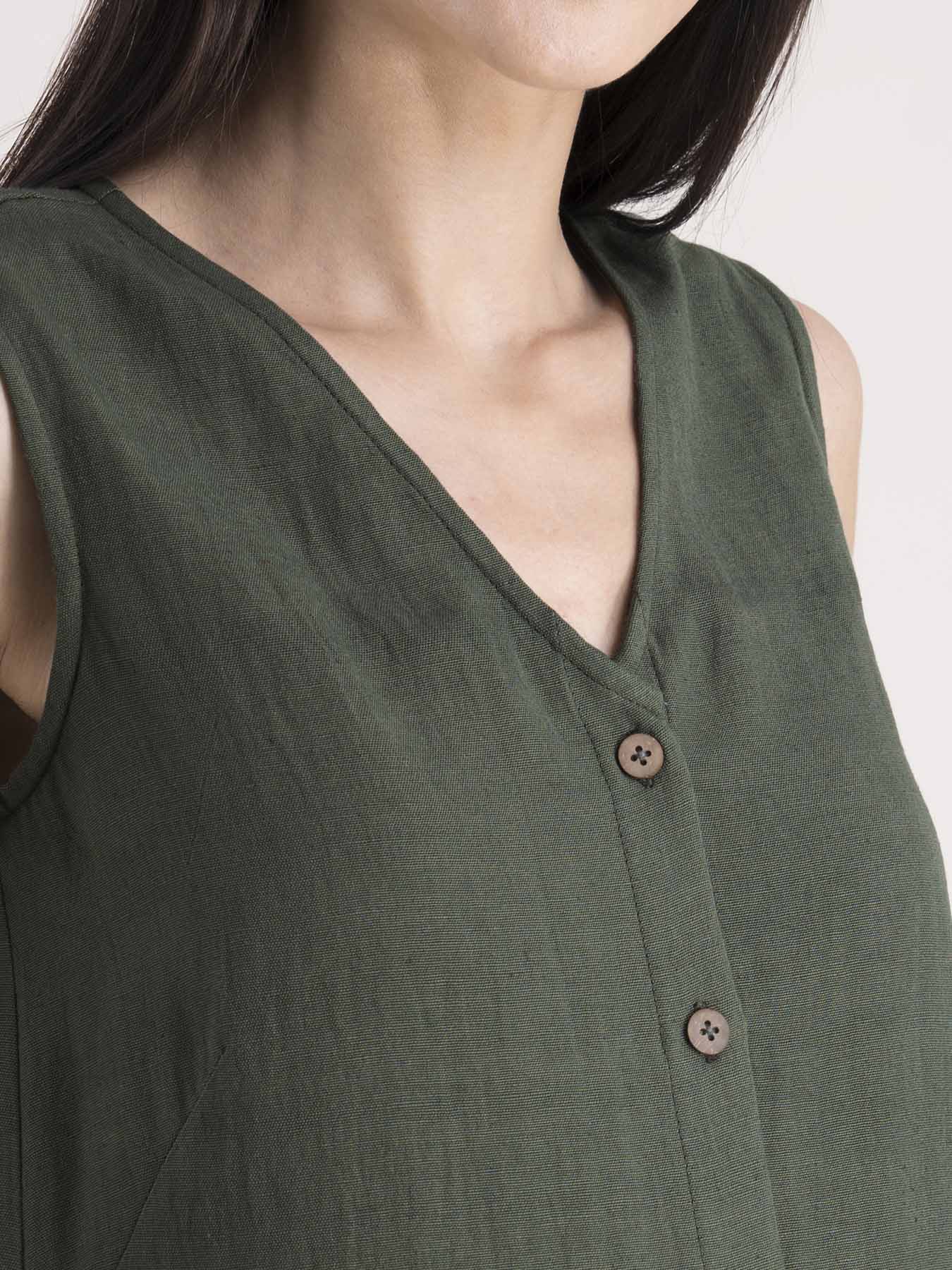 Cotton Button Down A-Line Dress - Olive
