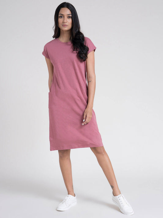Cotton Drop Shoulder Knitted Dress - Pink