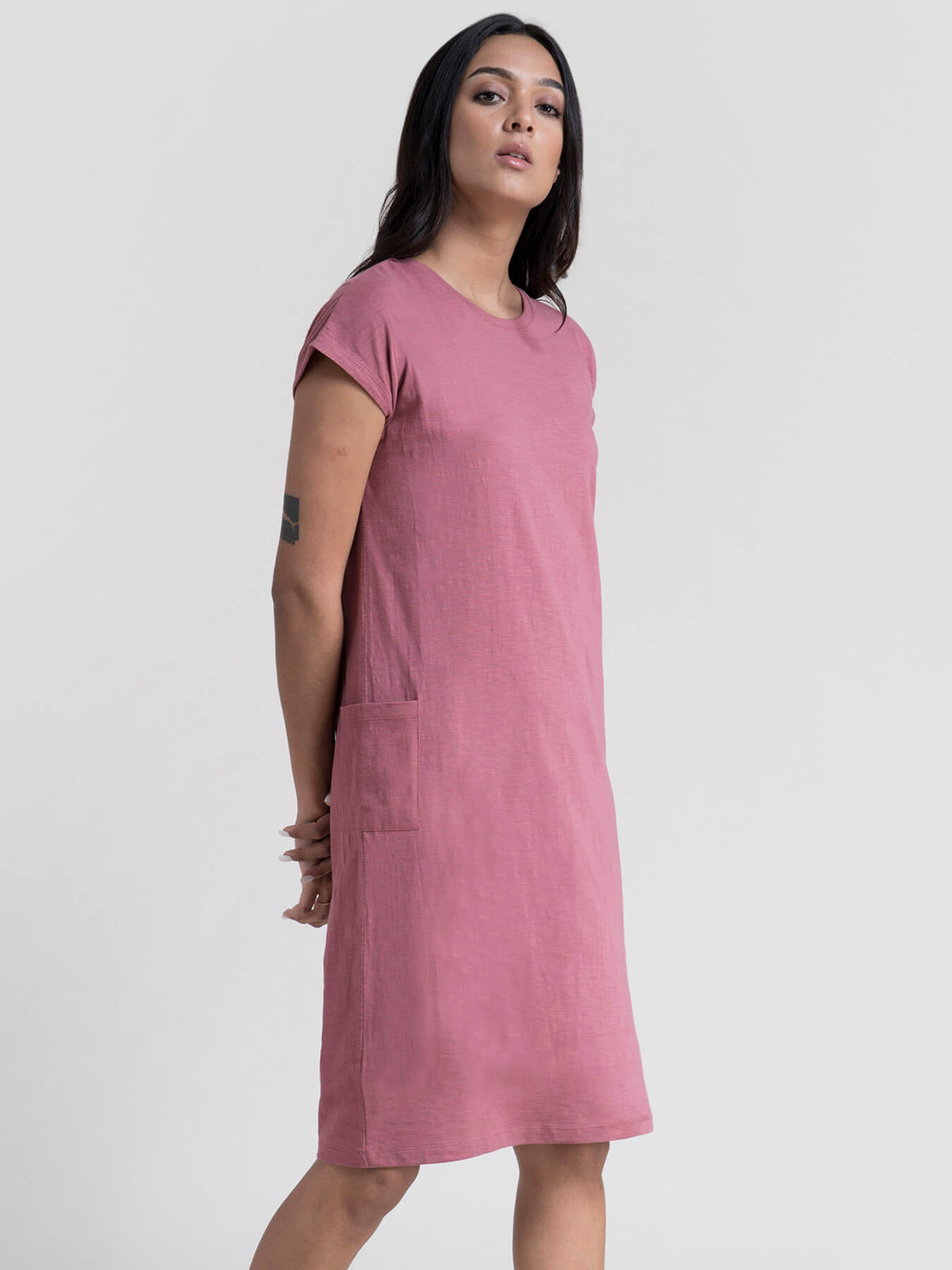 Cotton Drop Shoulder Knitted Dress - Pink
