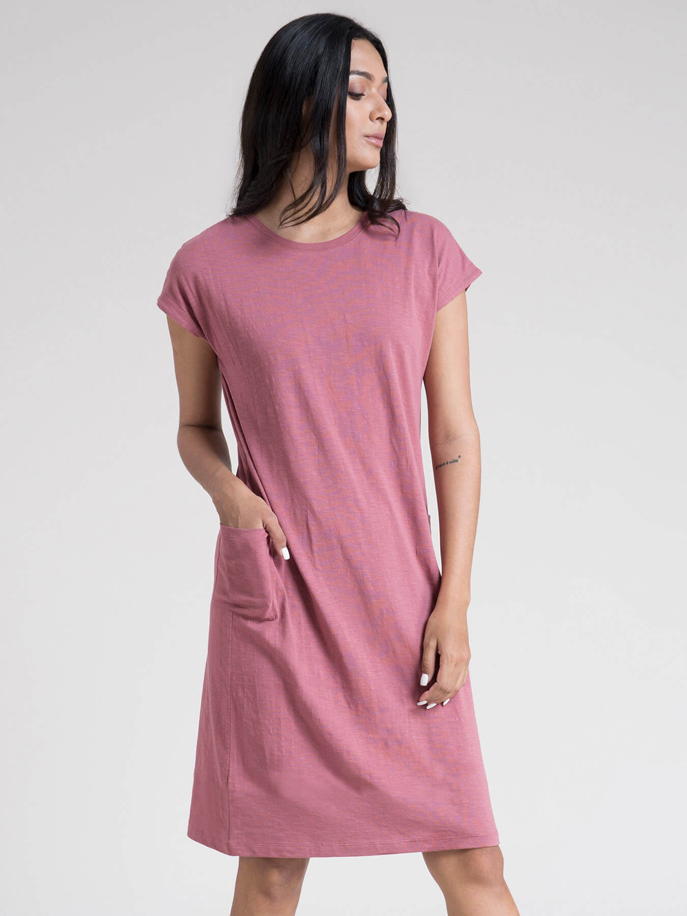 Cotton Drop Shoulder Knitted Dress - Pink