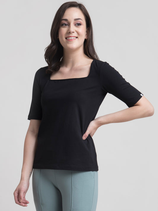 Cotton Square Neck Knitted T Shirt - Black