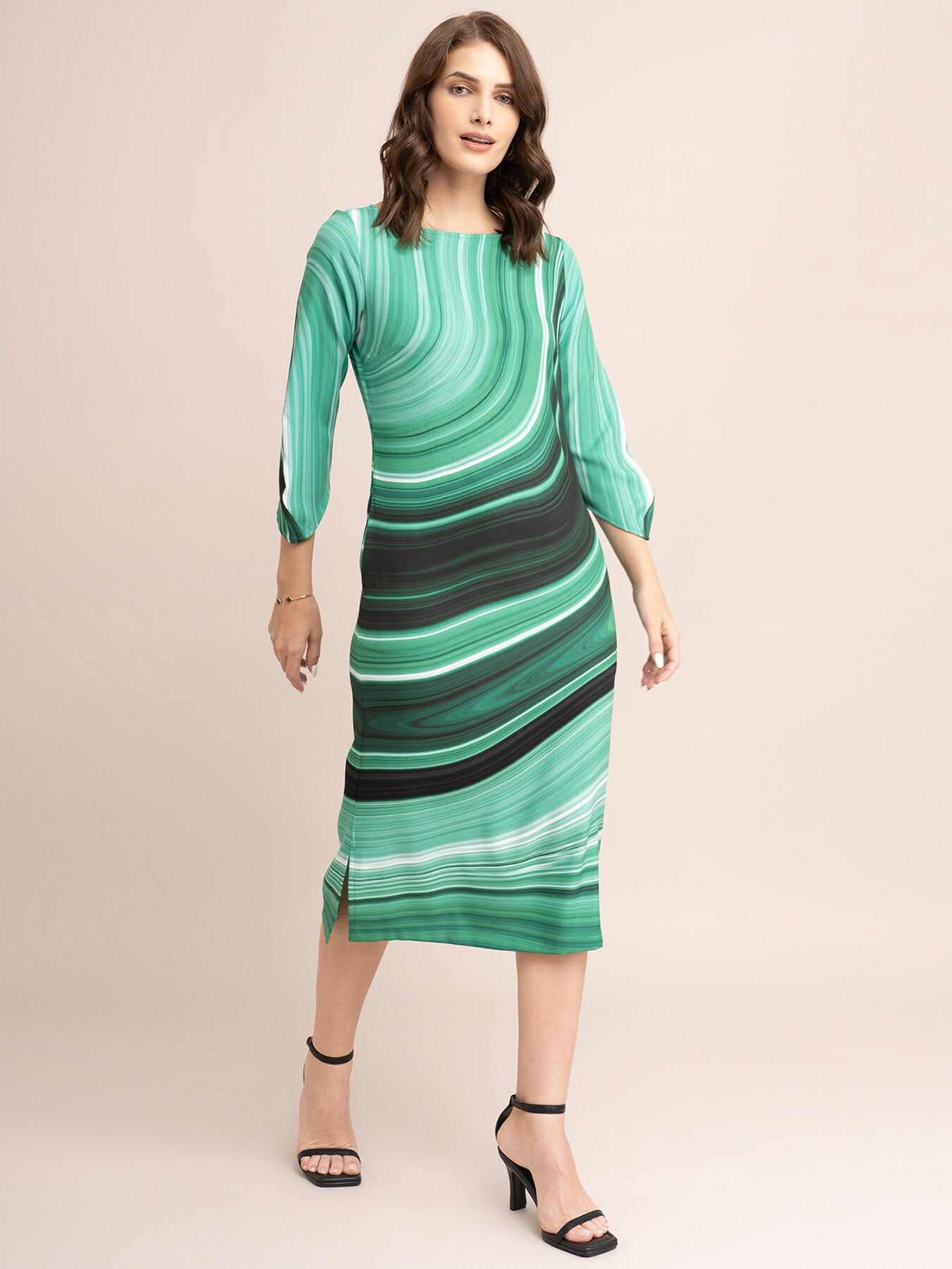 Marble Print Boat Neck Dress - Green