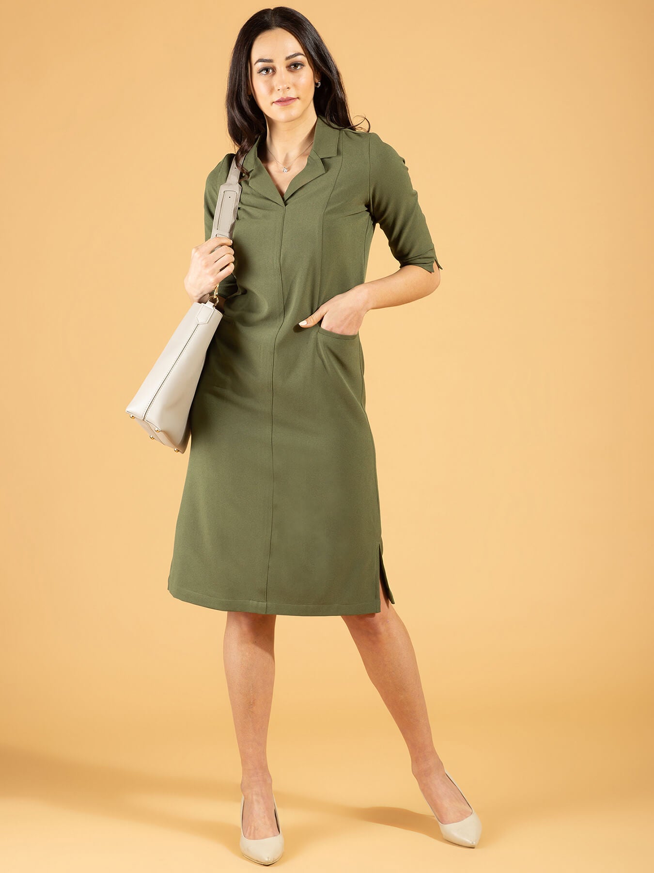 Front Pocket Lapel Dress - Moss Green| Formal Dresses