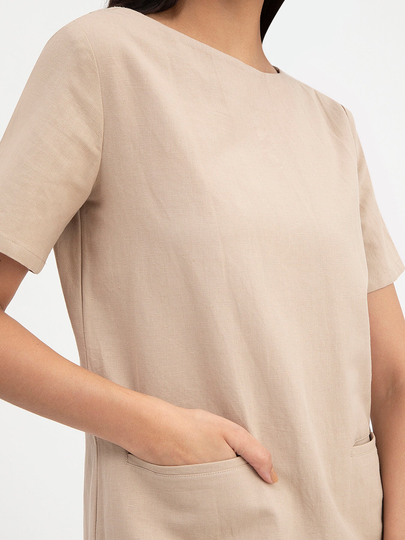 Linen Boat Neck Dress - Beige