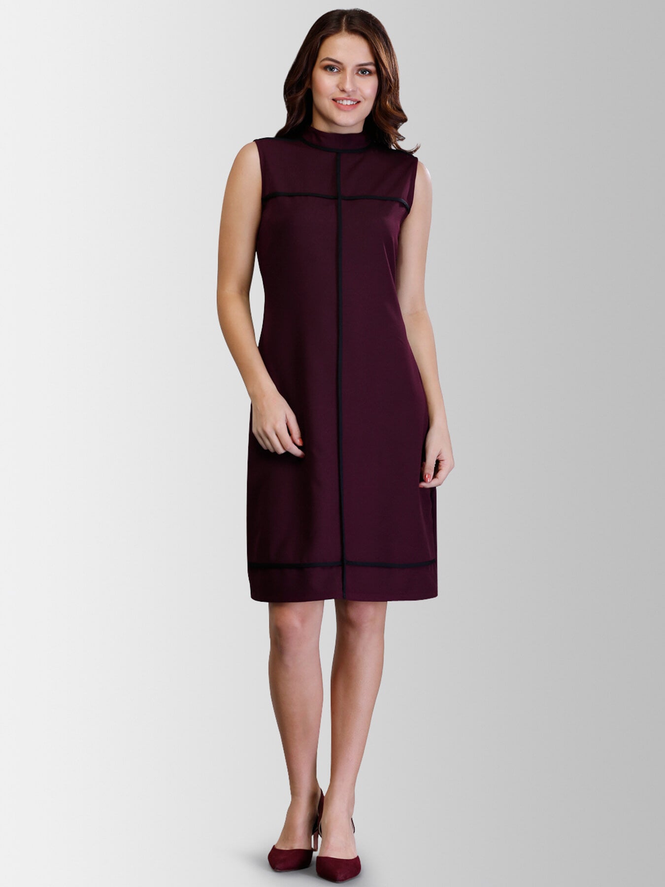 High Neck Piping Detail Shift Dress - Maroon| Formal Dresses
