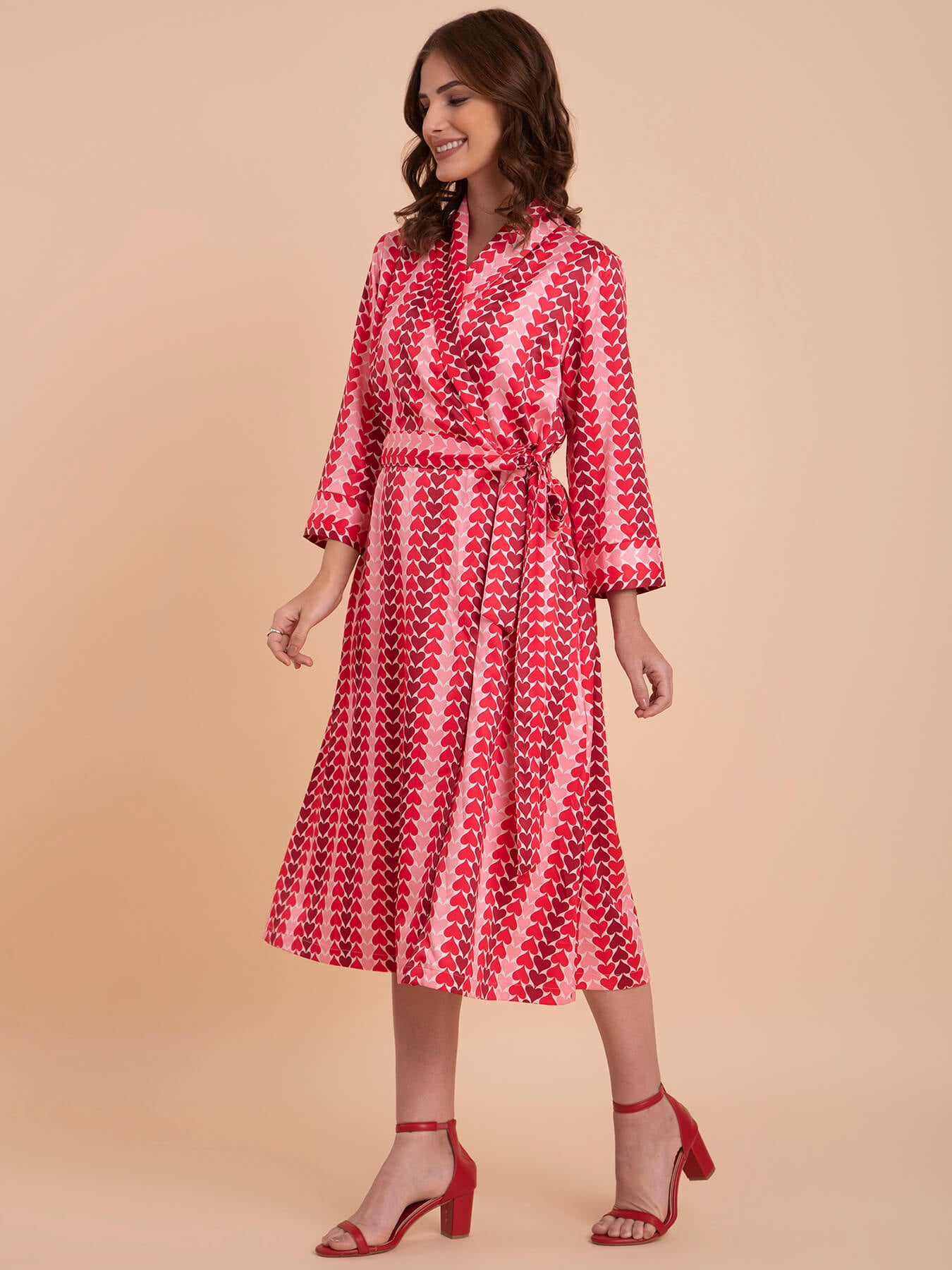 Satin Spade Print Wrap Dress - Red