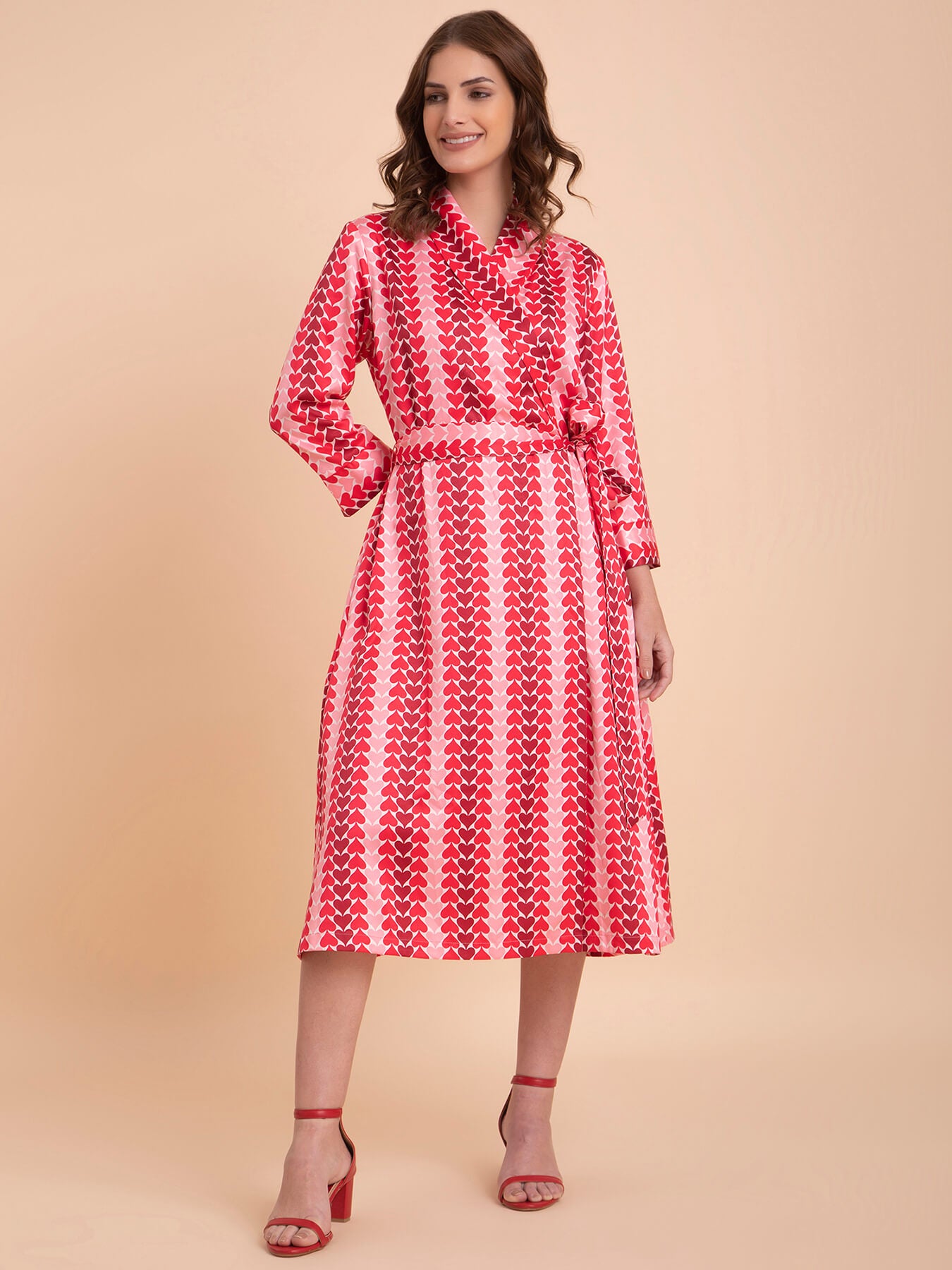 Satin Spade Print Wrap Dress - Red