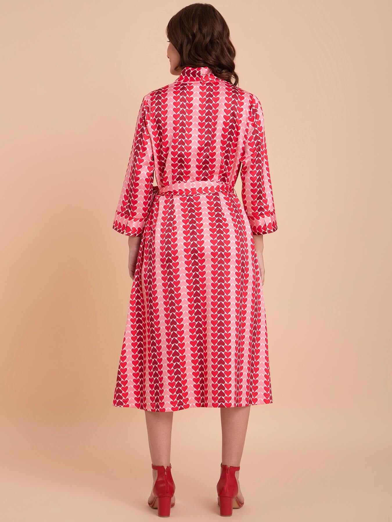 Satin Spade Print Wrap Dress - Red