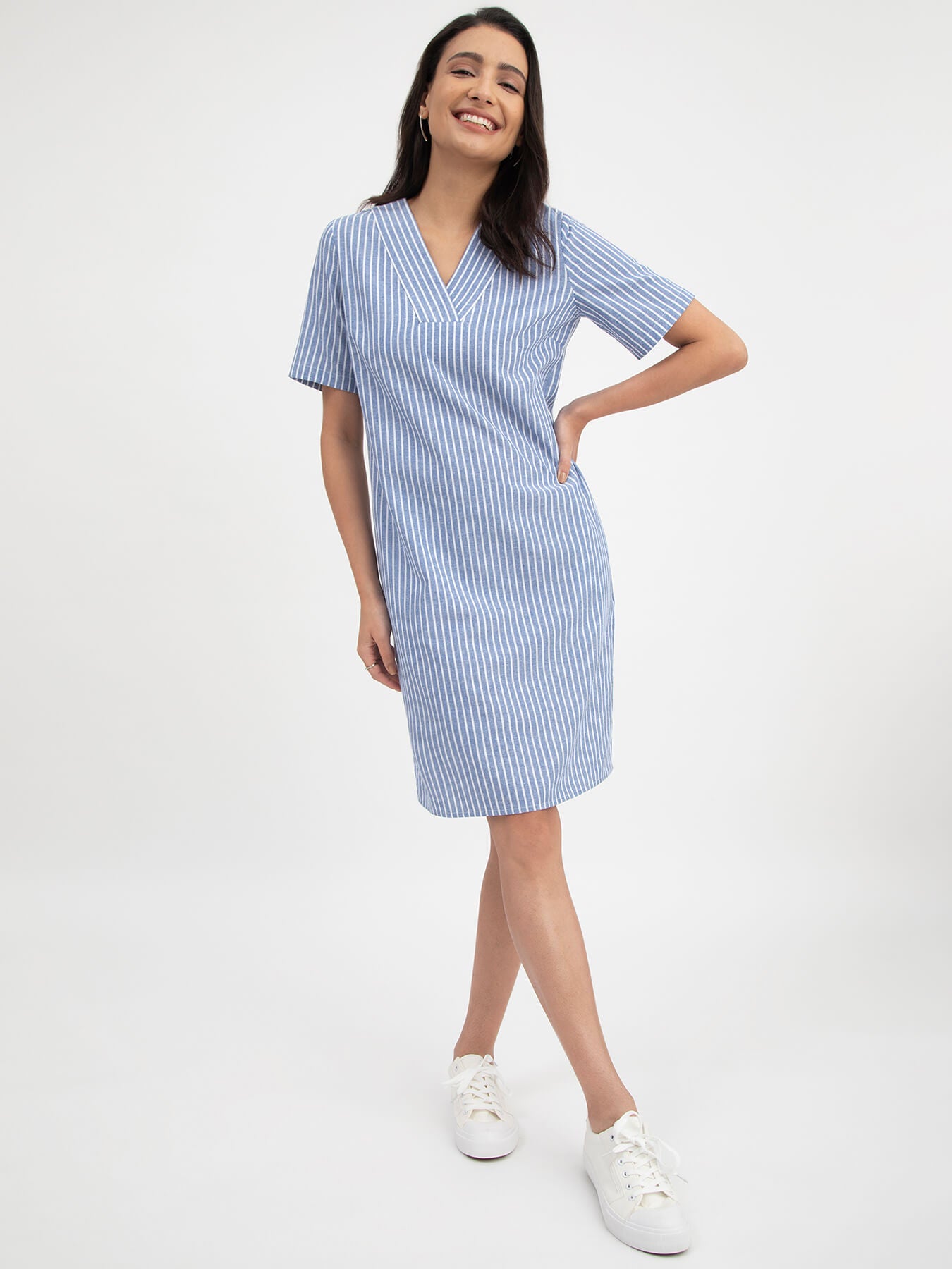Linen Striped V Neck Shift Dress - Blue and White