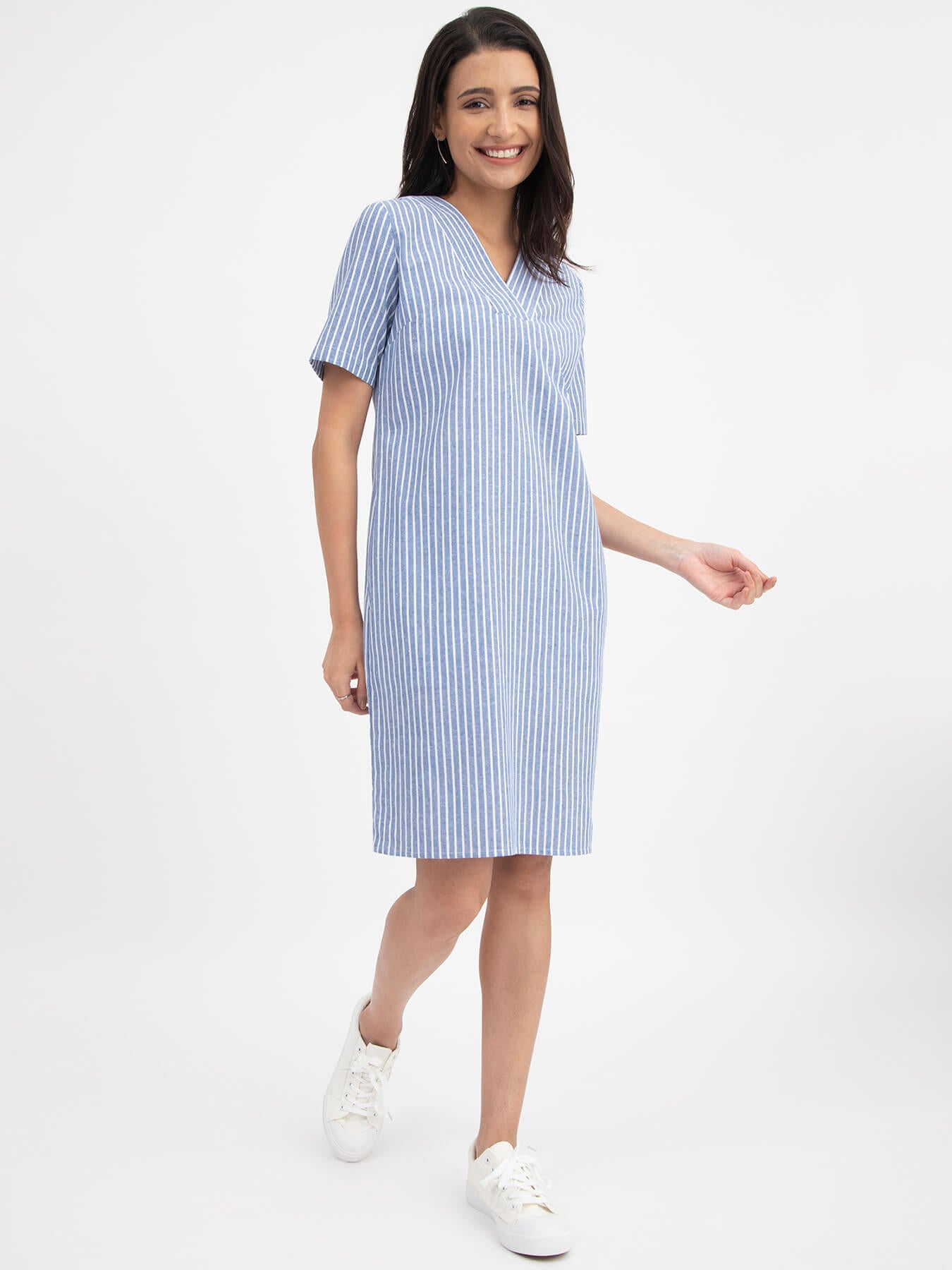 Linen Striped V Neck Shift Dress - Blue and White