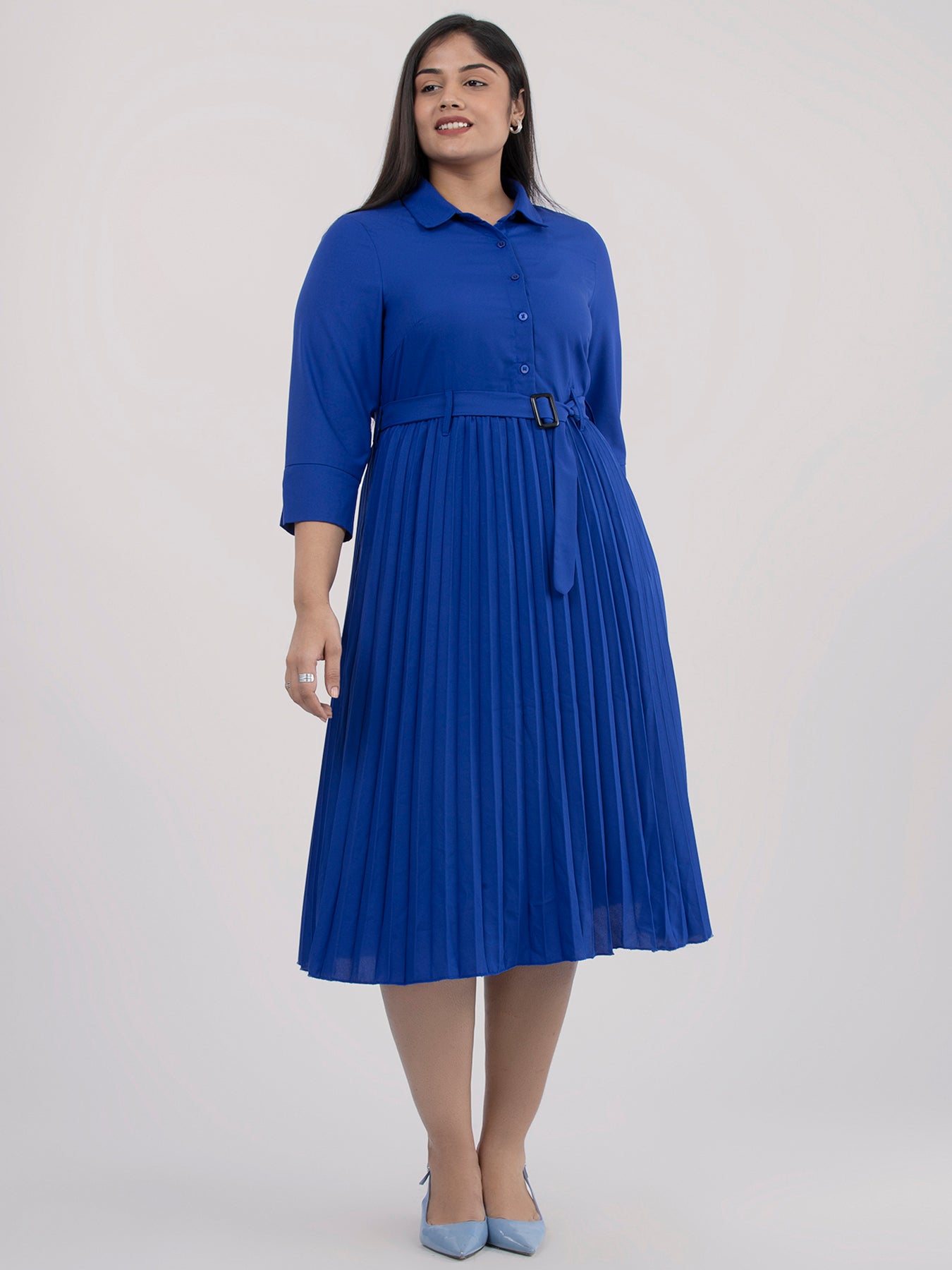 Collared Pleated Fit and Flare Dress - Royal Blue