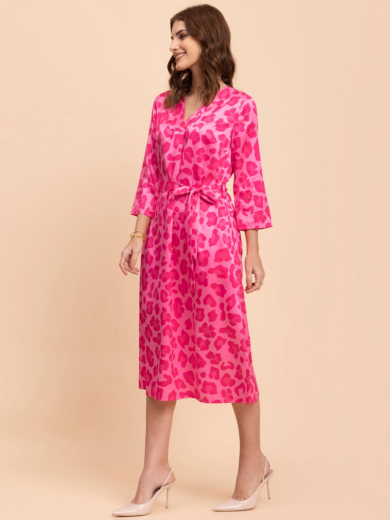 Satin Animal Print A-Line Dress - Fuchsia and Pink