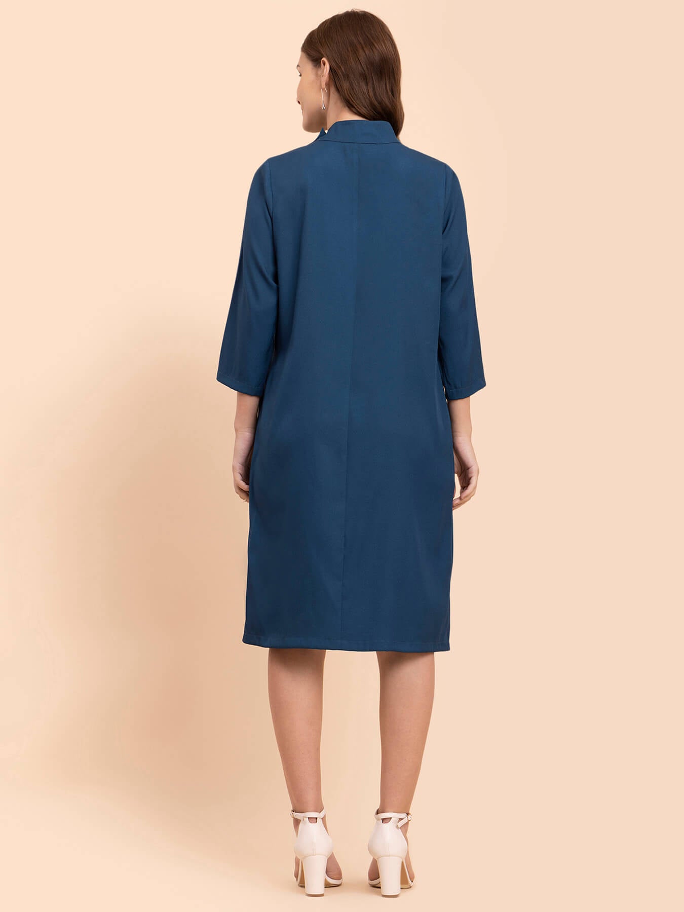 High Neck Button Down Shirt Dress - Teal