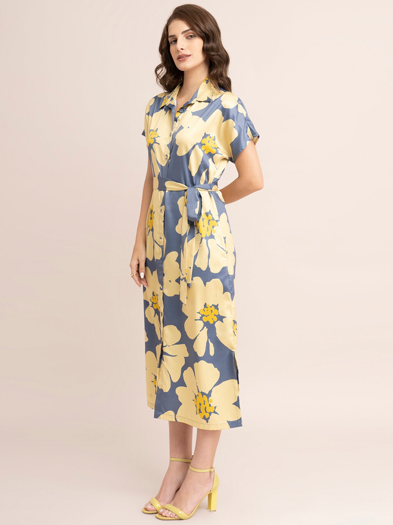 Satin Floral Print Shirt Dress - Yellow And Grey