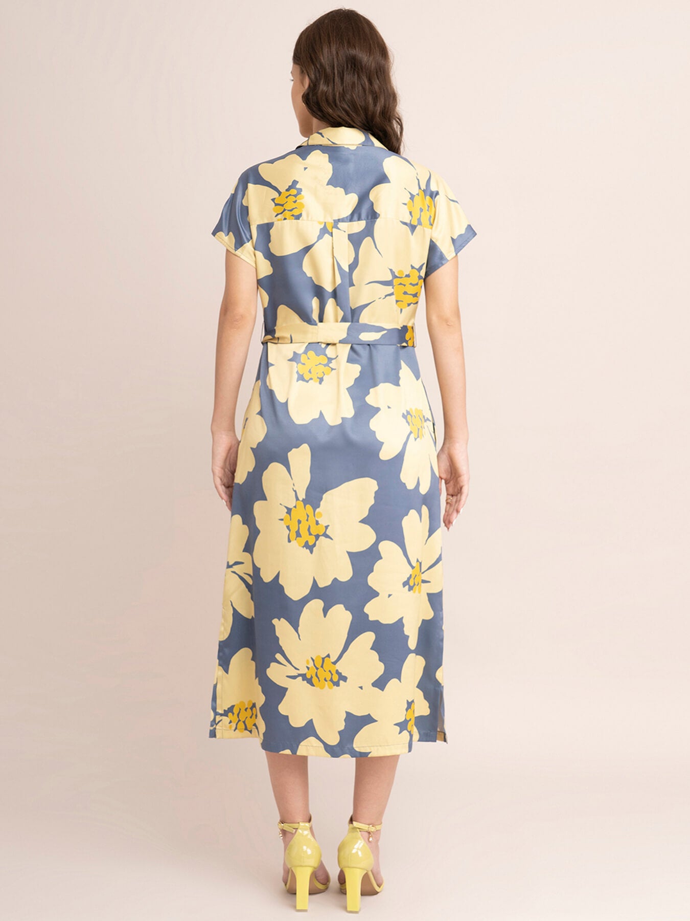Satin Floral Print Shirt Dress - Yellow And Grey