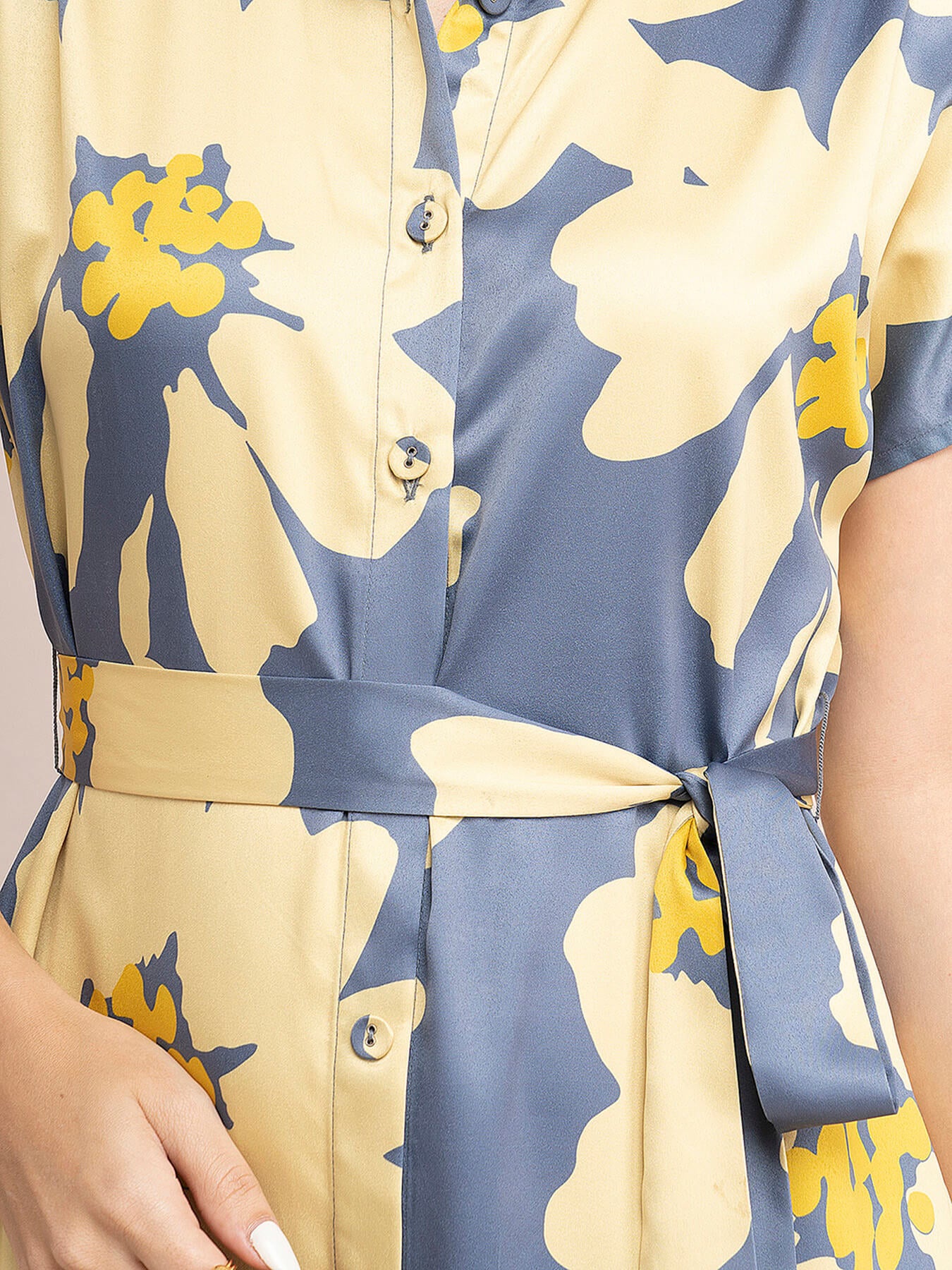 Satin Floral Print Shirt Dress - Yellow And Grey