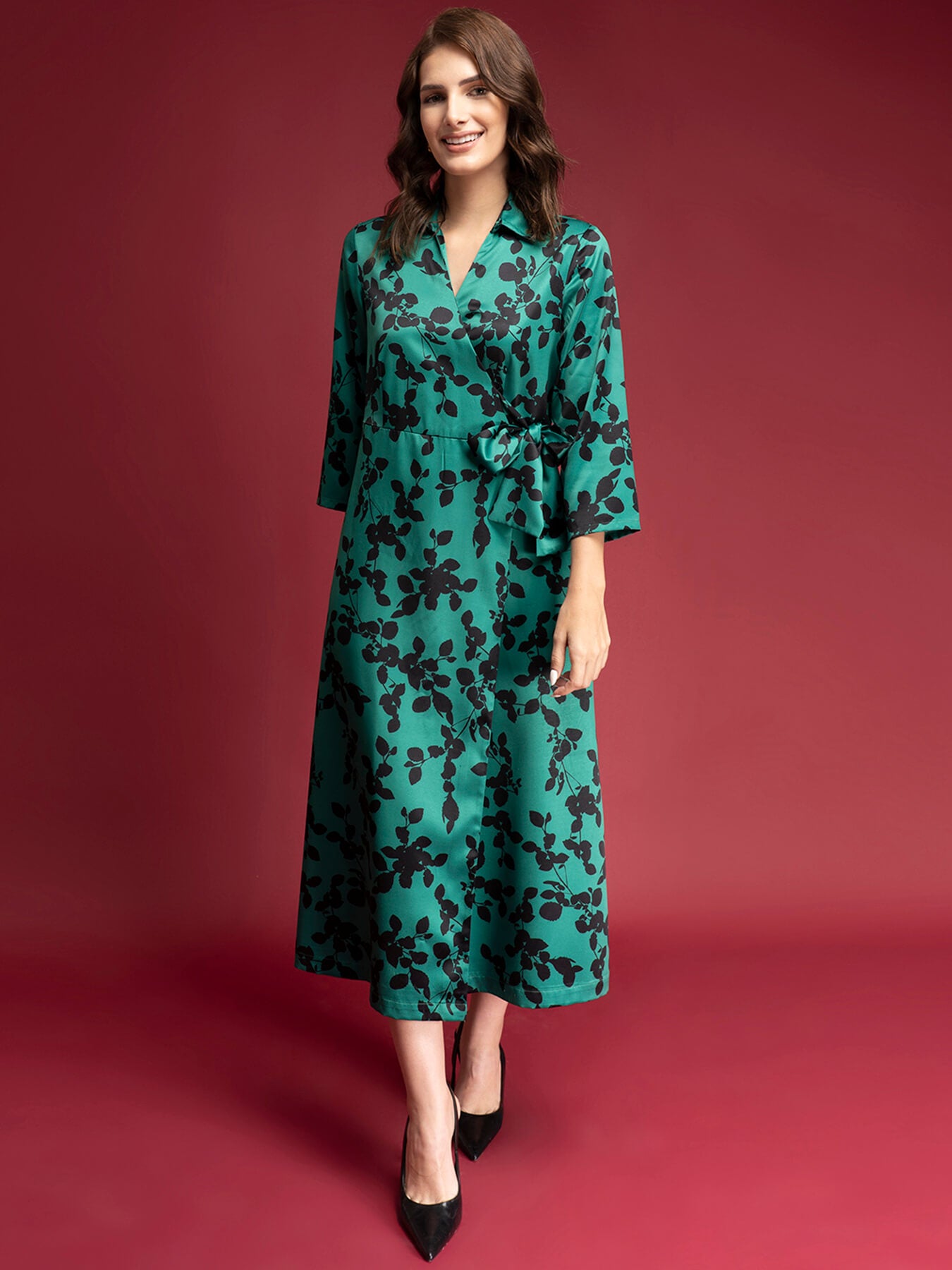 Satin Floral Print Wrap Dress - Green And Black