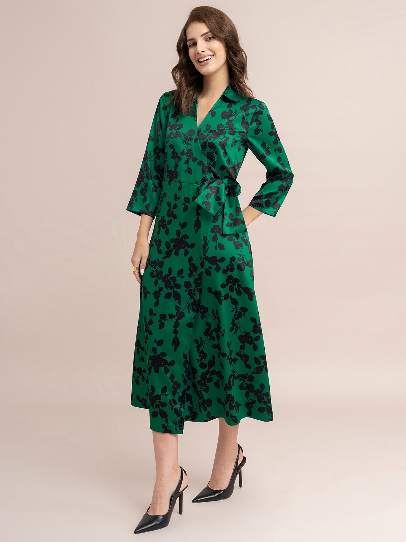 Satin Floral Print Wrap Dress - Green And Black