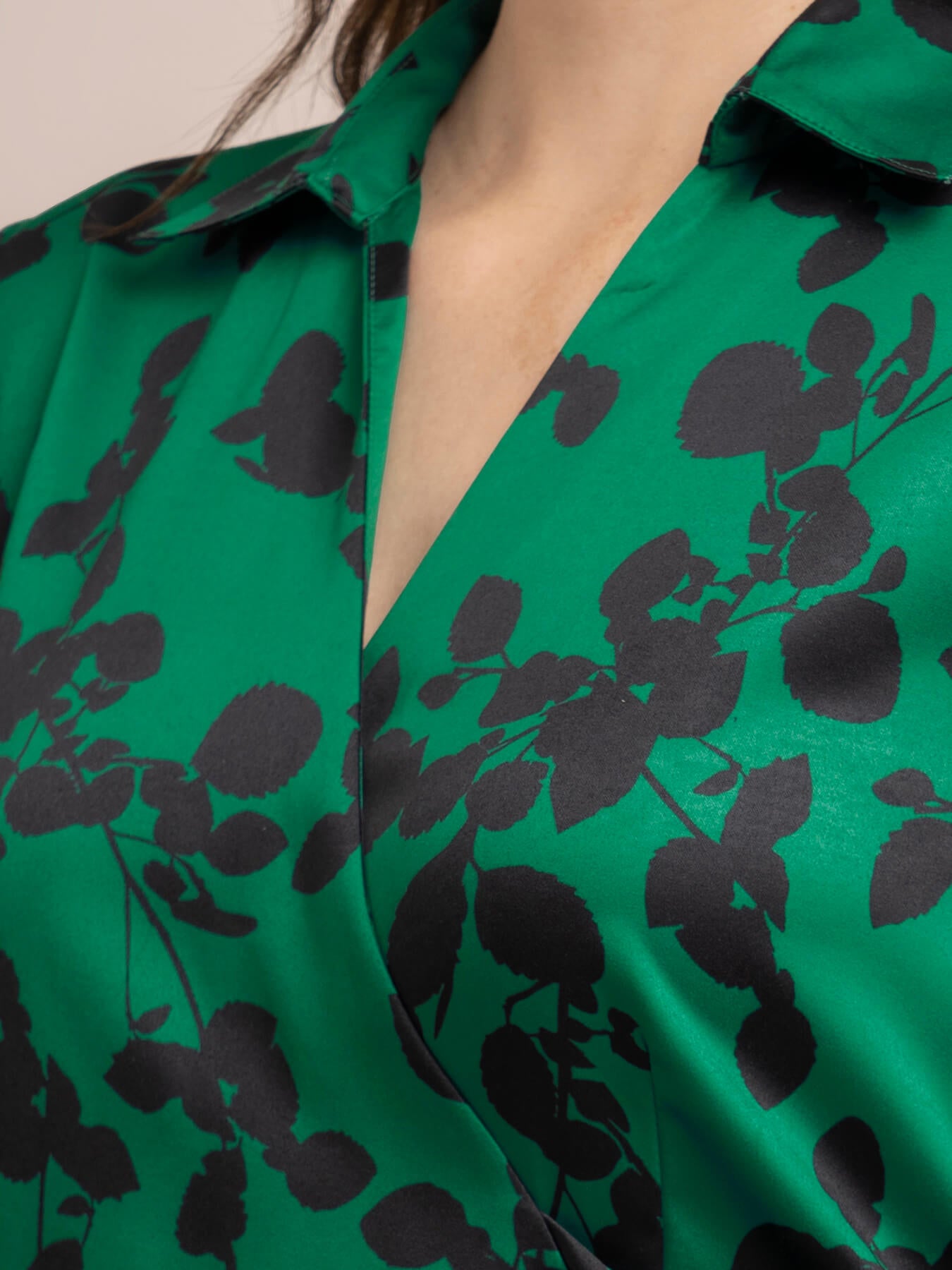 Satin Floral Print Wrap Dress - Green And Black
