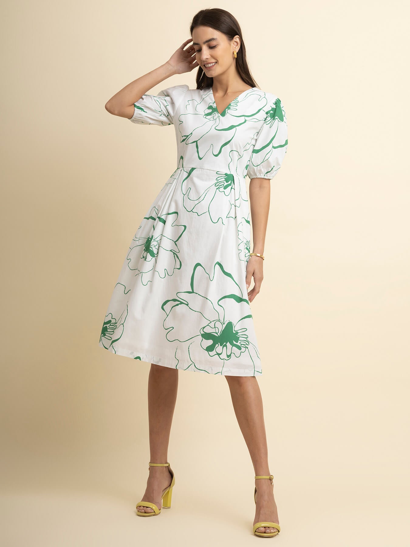 Cotton Floral Print Dress - White And Green