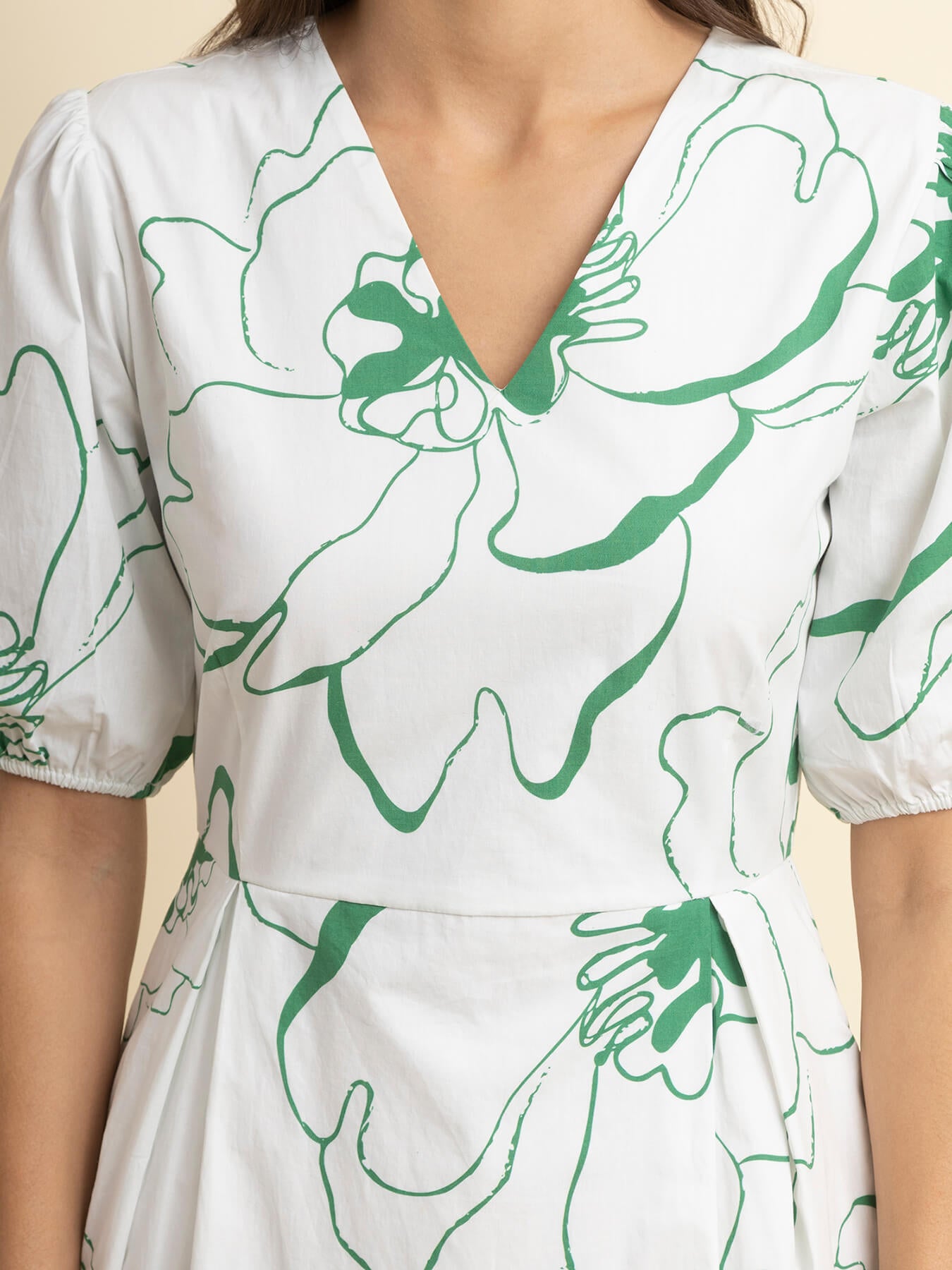 Cotton Floral Print Dress - White And Green