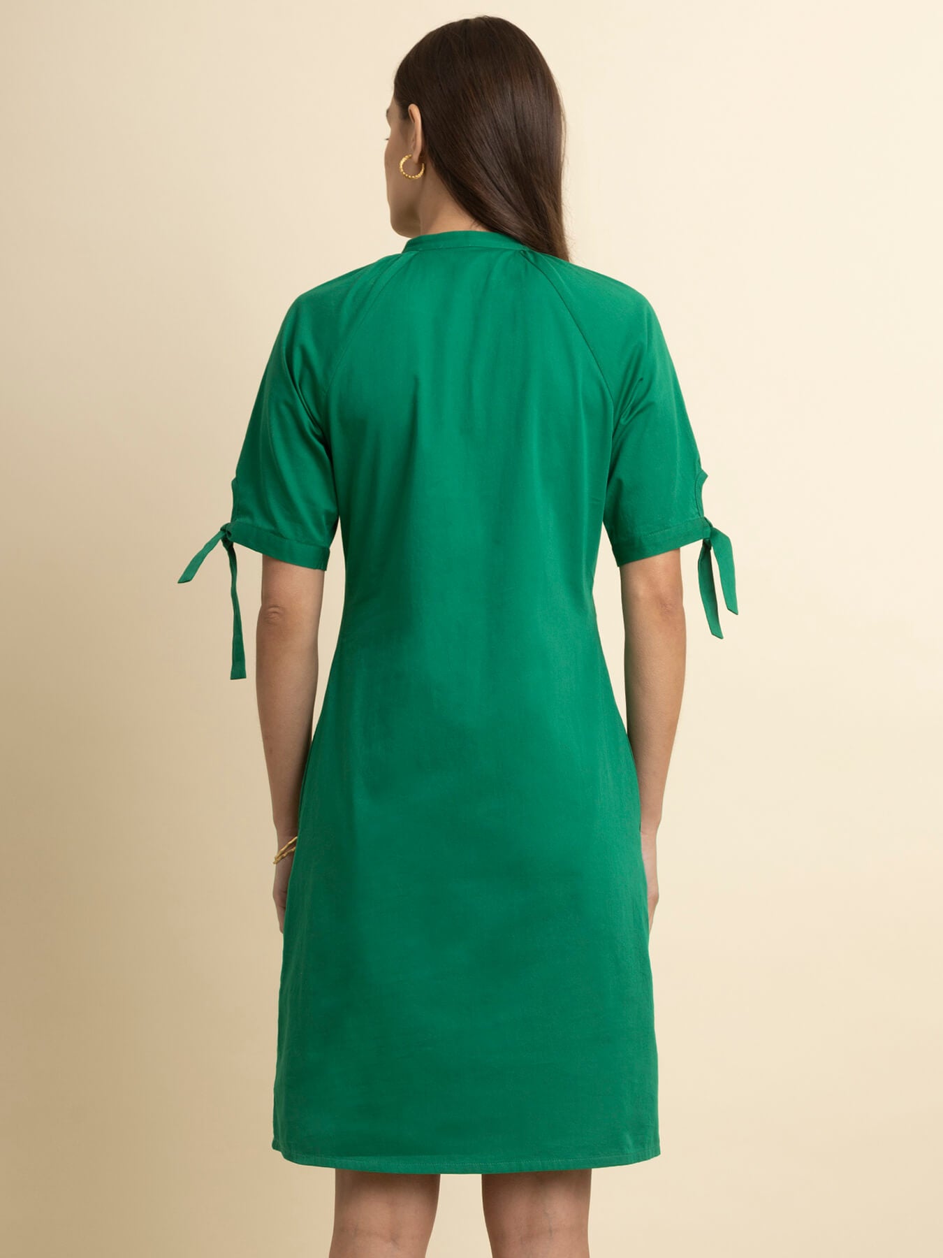 Cotton Tie-Up Sleeves Dress - Green
