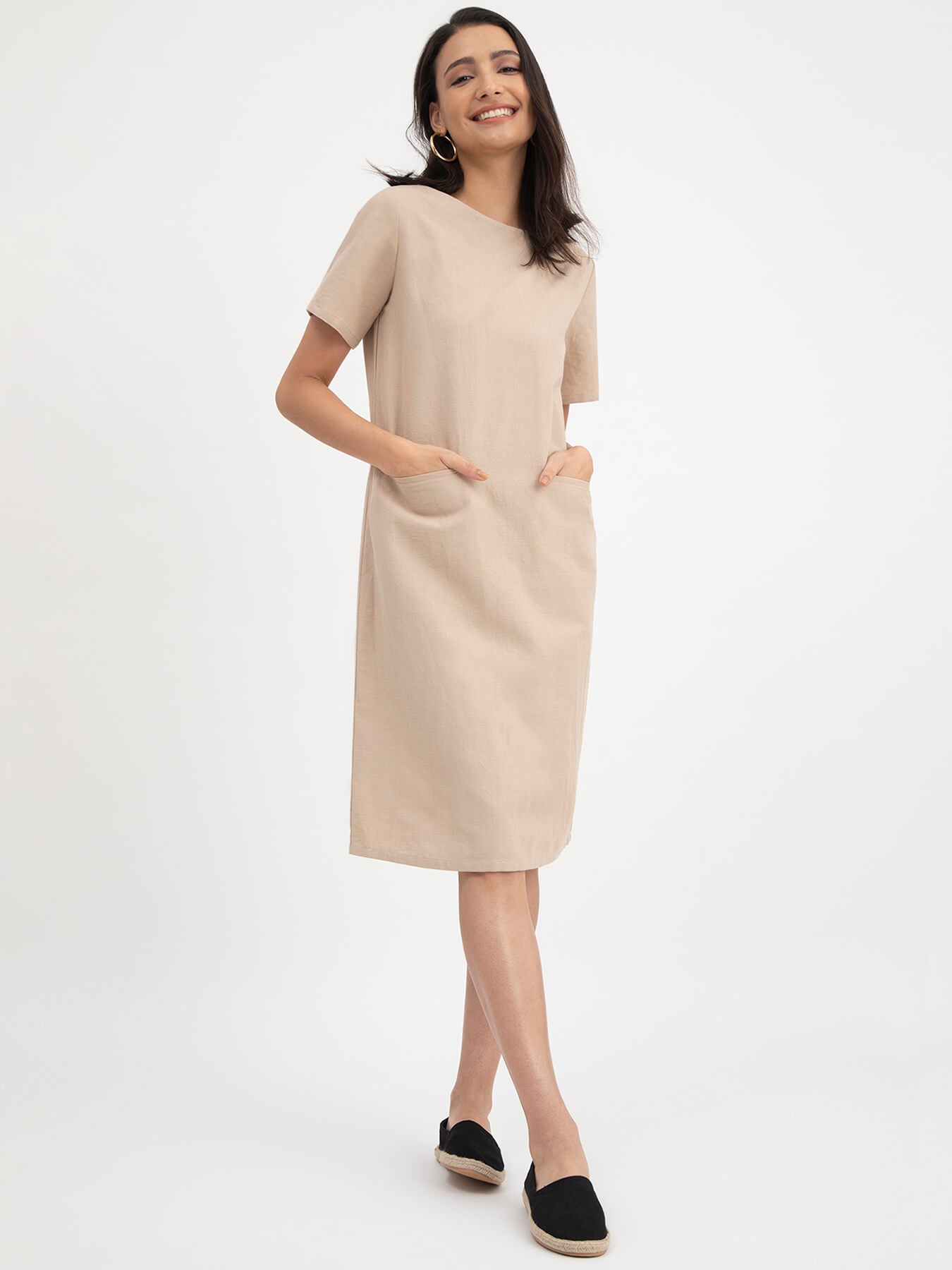 Linen Boat Neck Dress - Beige