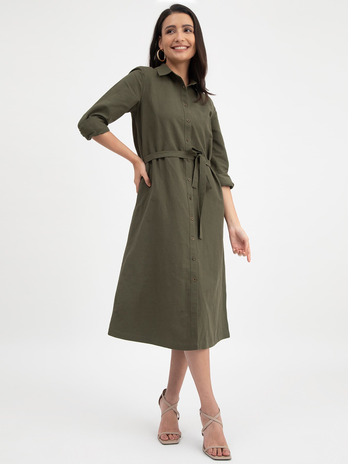 Linen Shirt Dress - Olive