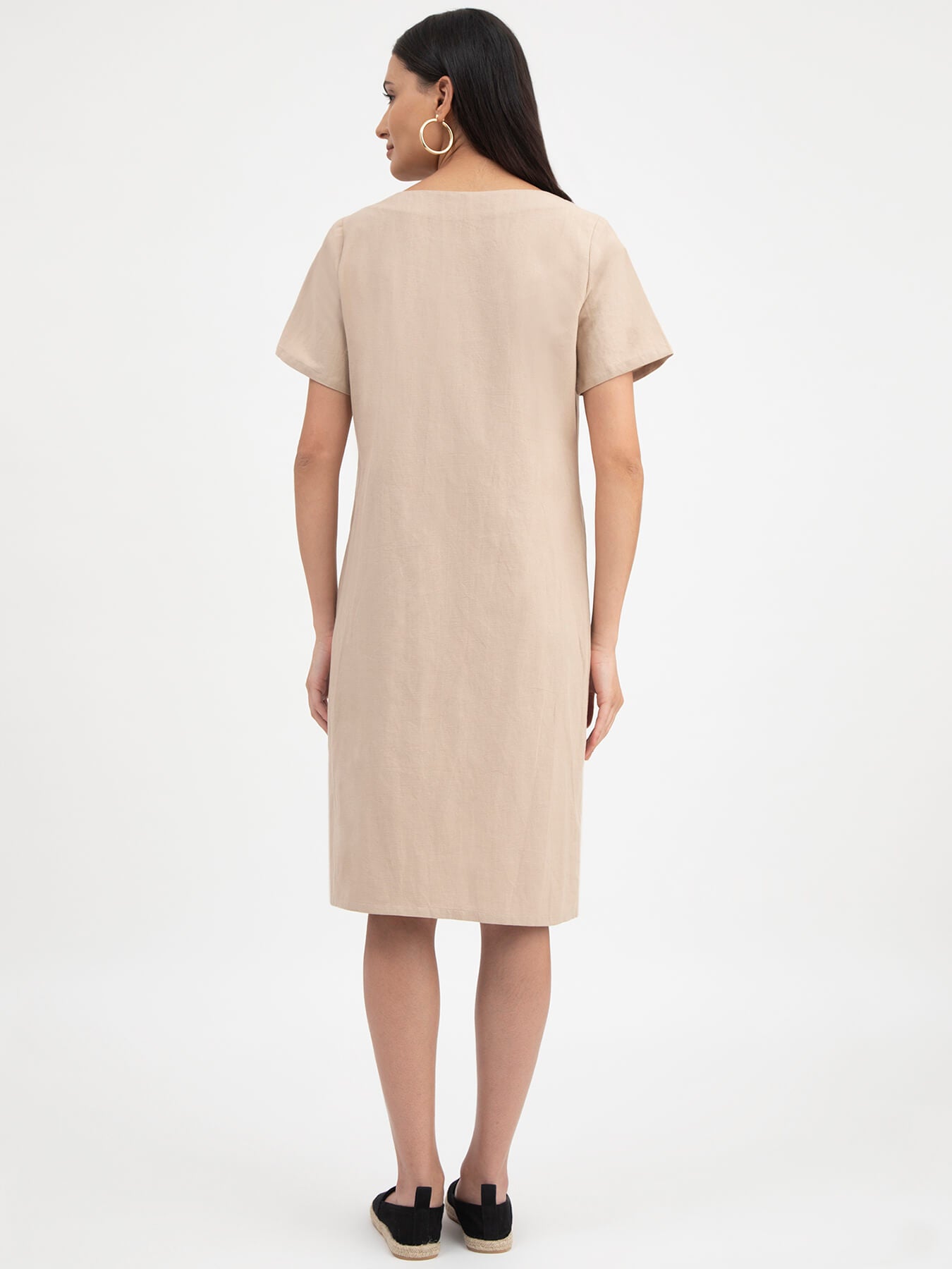 Linen Boat Neck Dress - Beige