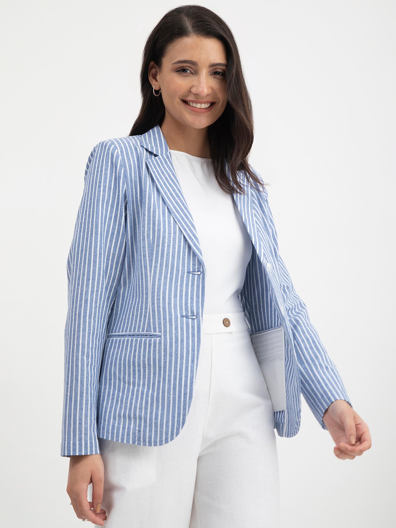 Linen Single Breasted Blazer - Blue