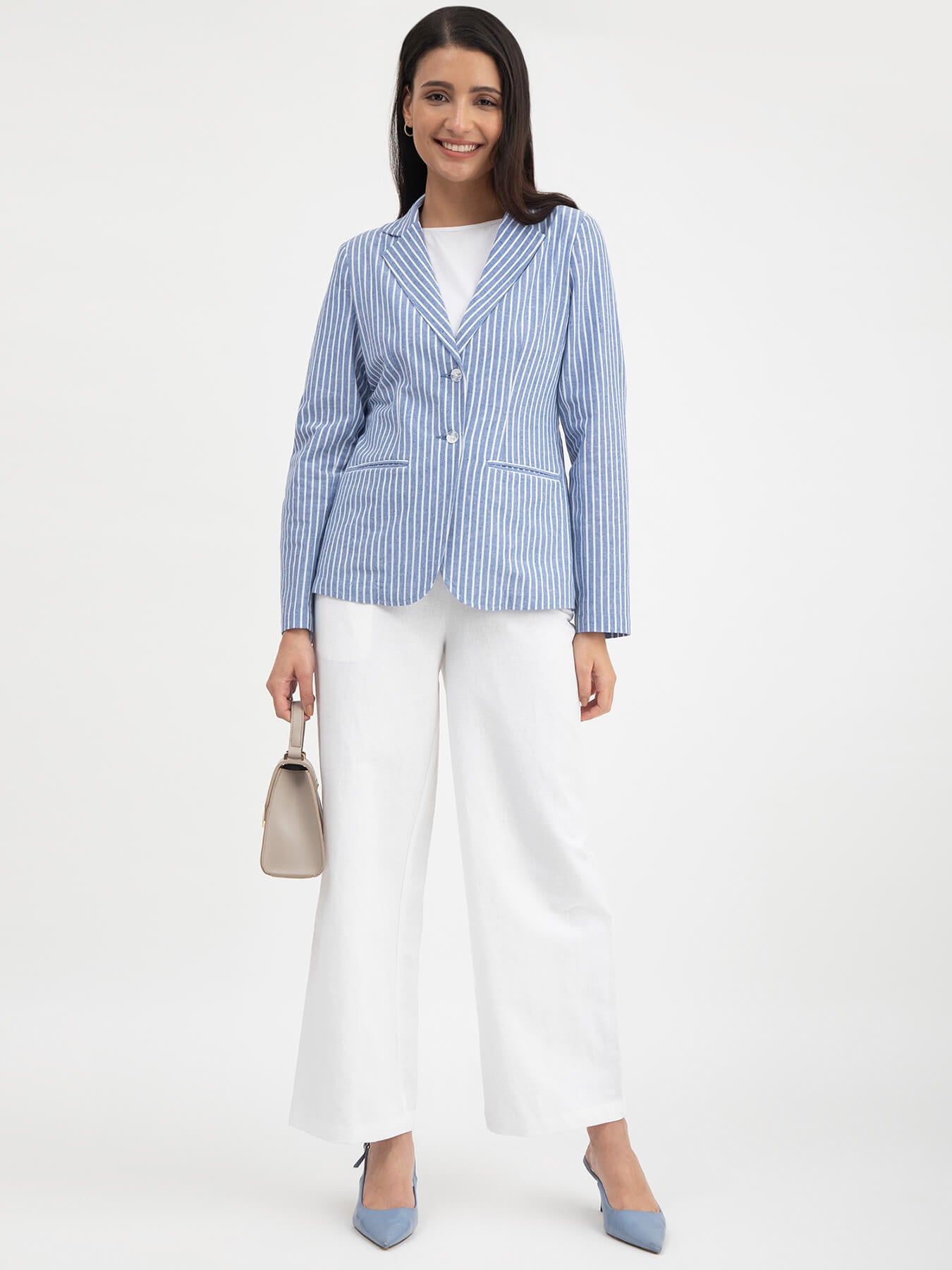 Linen Single Breasted Blazer - Blue