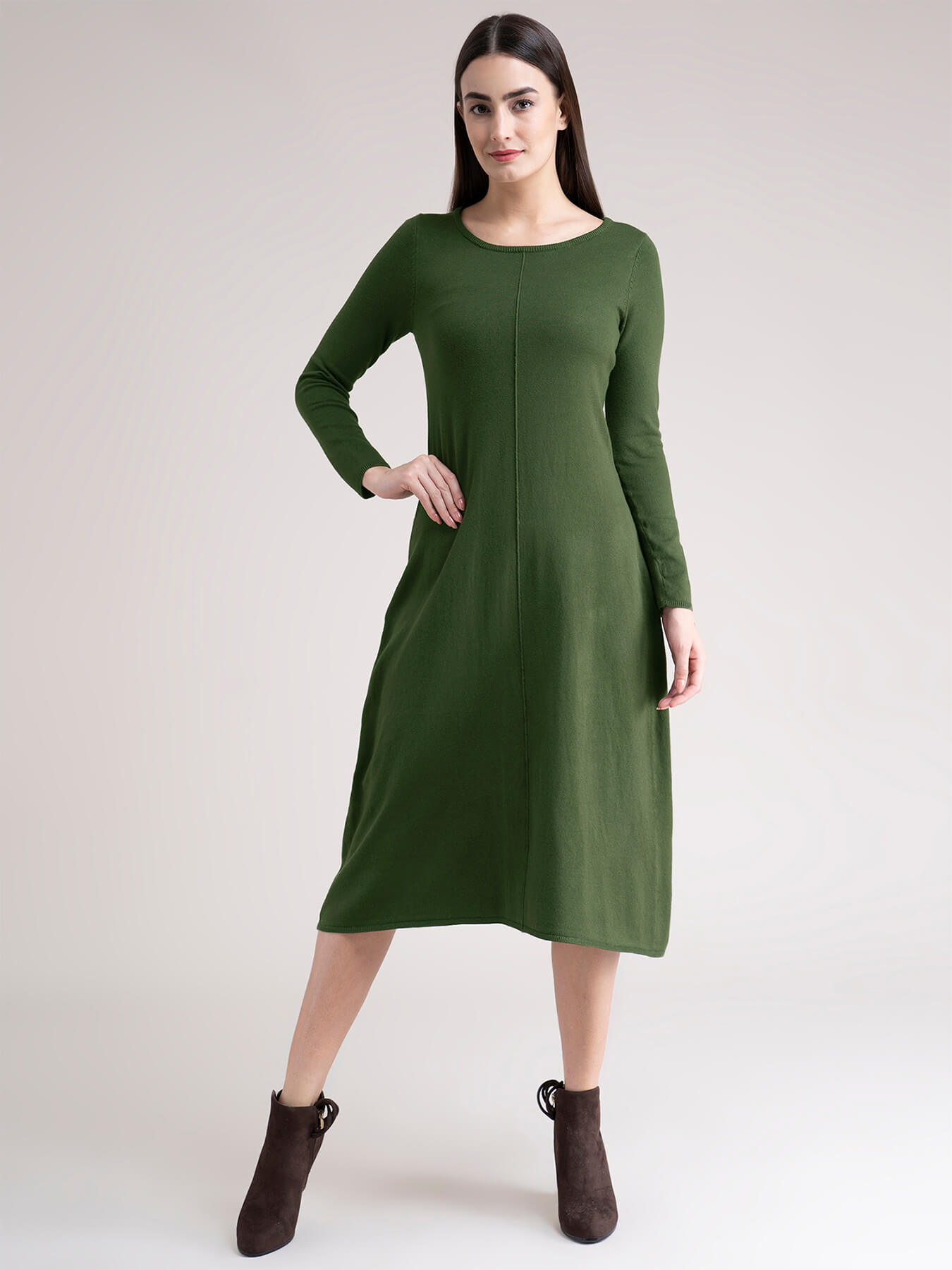 Round Neck Knit Sweater Dress - Olive