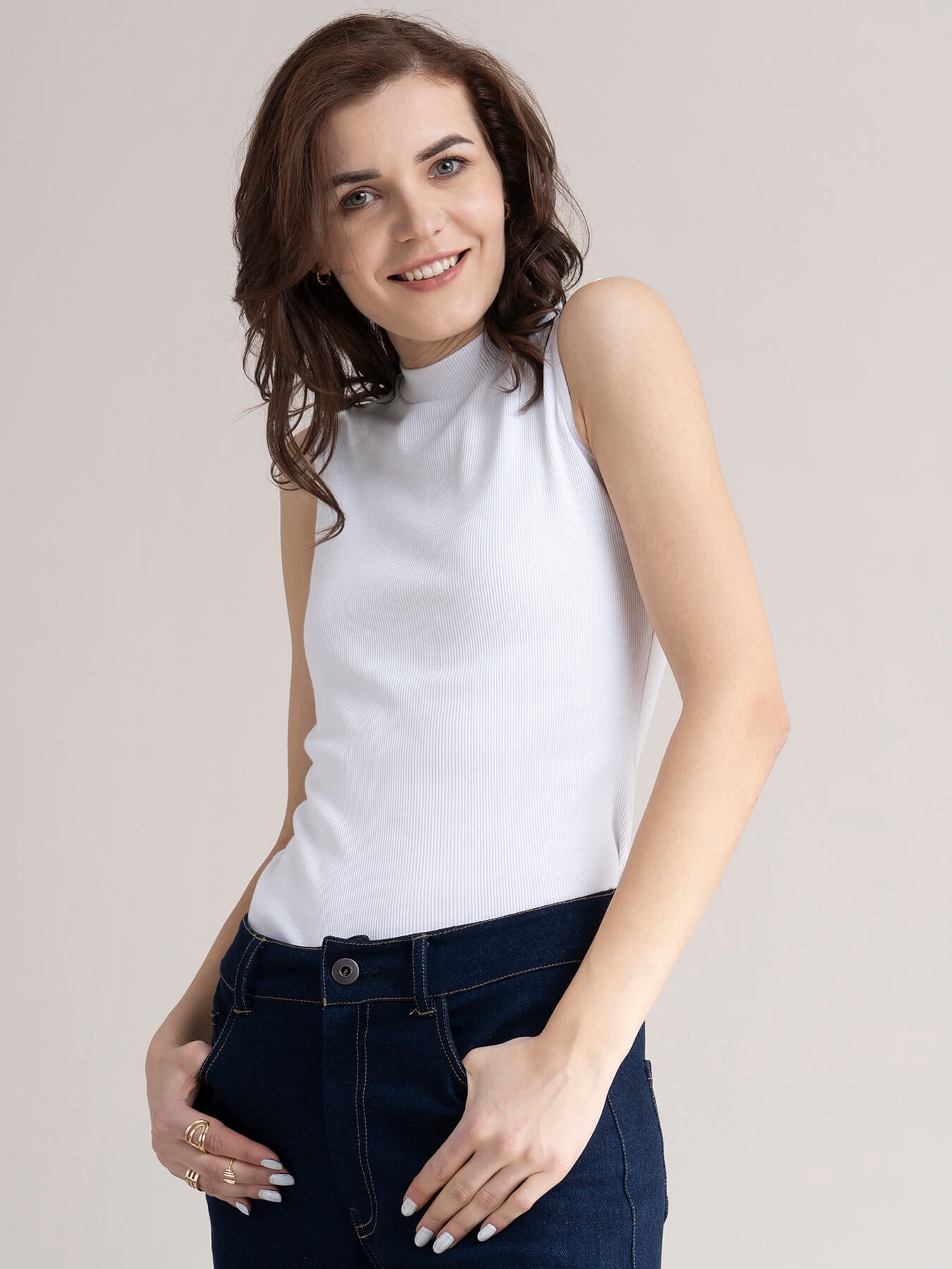 Cotton Sleeveless Rib Tee - White