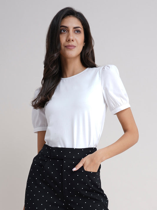 Cotton Puff Sleeves Tee - White