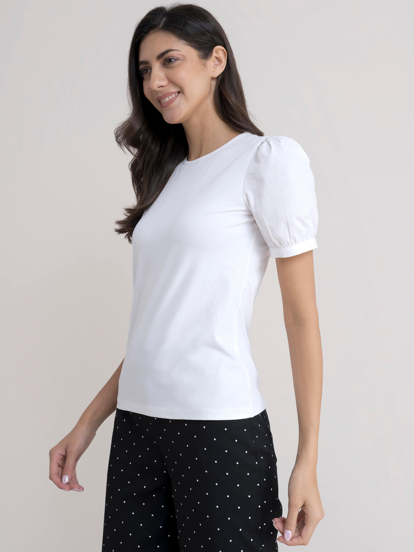 Cotton Puff Sleeves Tee - White