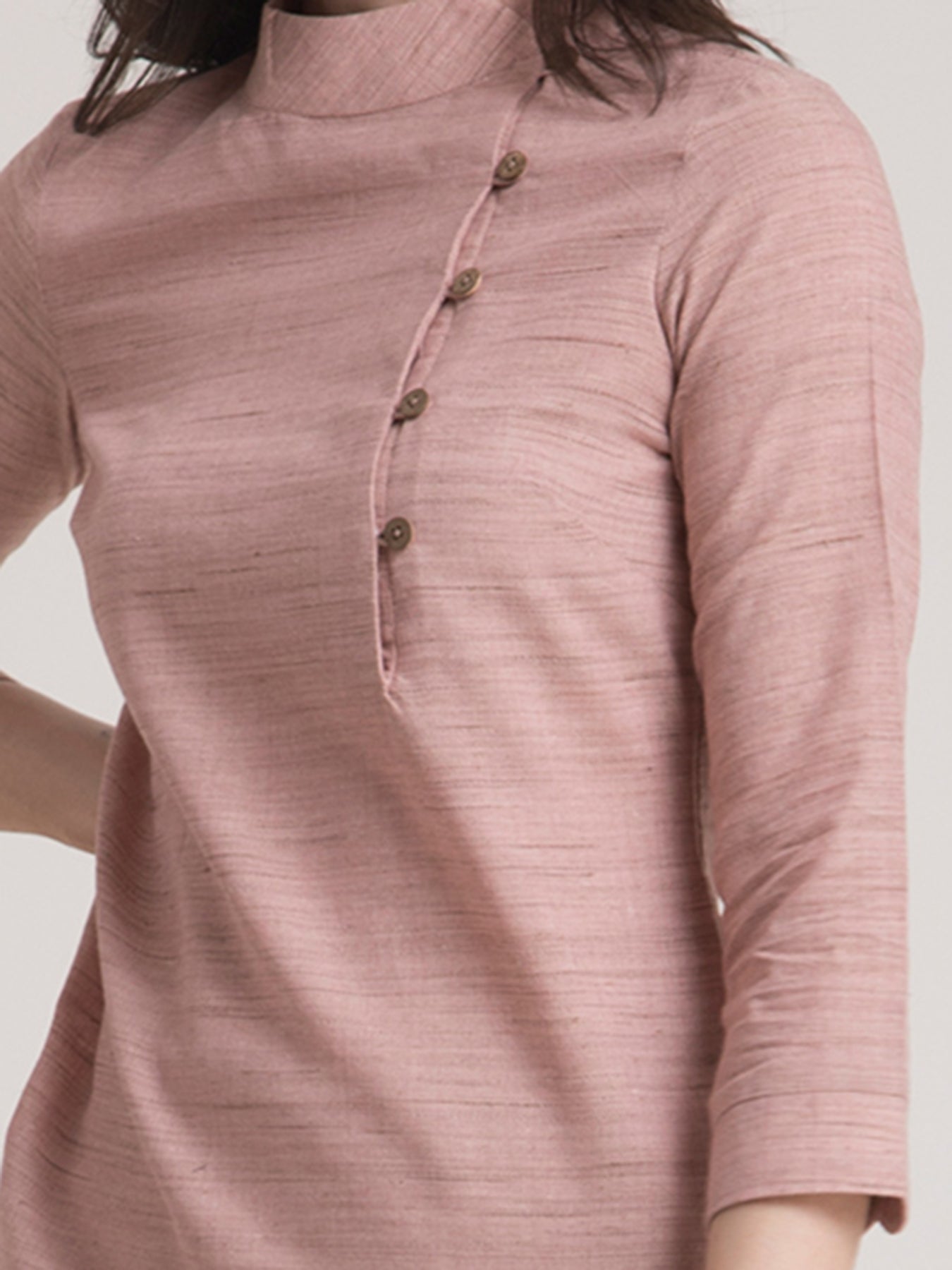 Cotton Yarn Dyed Mandarin Collar Button Detail Top - Dusty Pink| Formal Tops