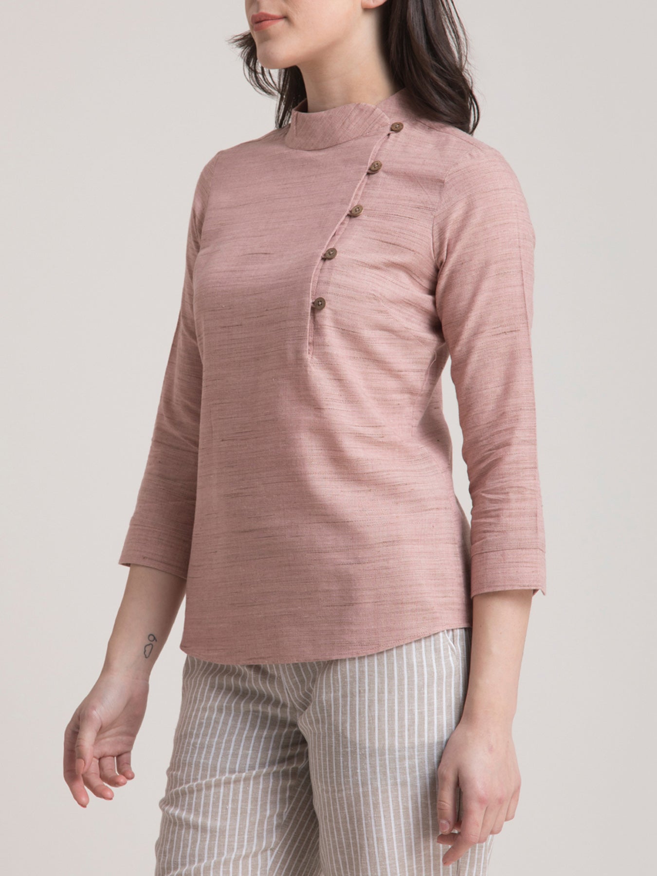 Cotton Yarn Dyed Mandarin Collar Button Detail Top - Dusty Pink| Formal Tops