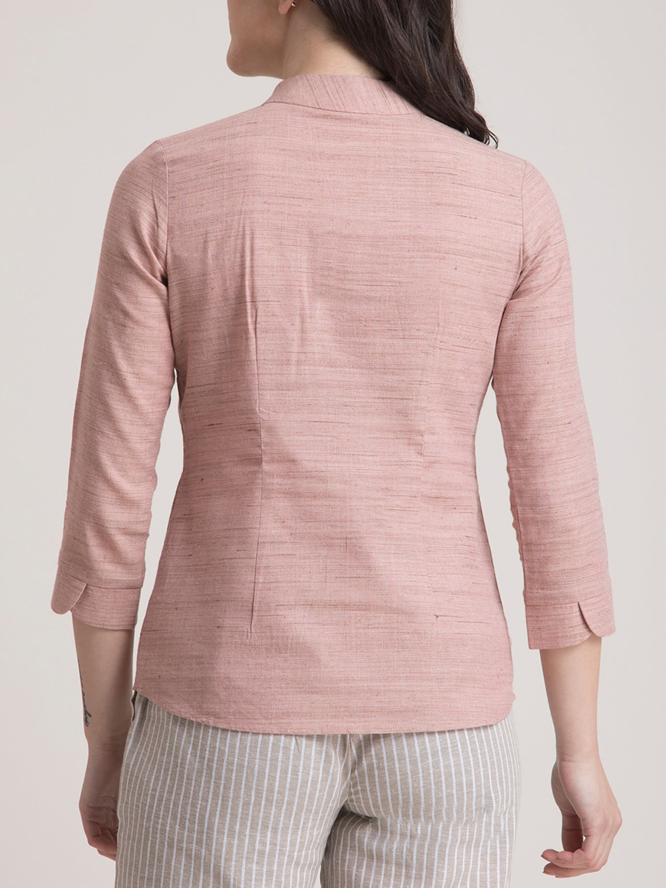 Cotton Yarn Dyed Mandarin Collar Button Detail Top - Dusty Pink| Formal Tops