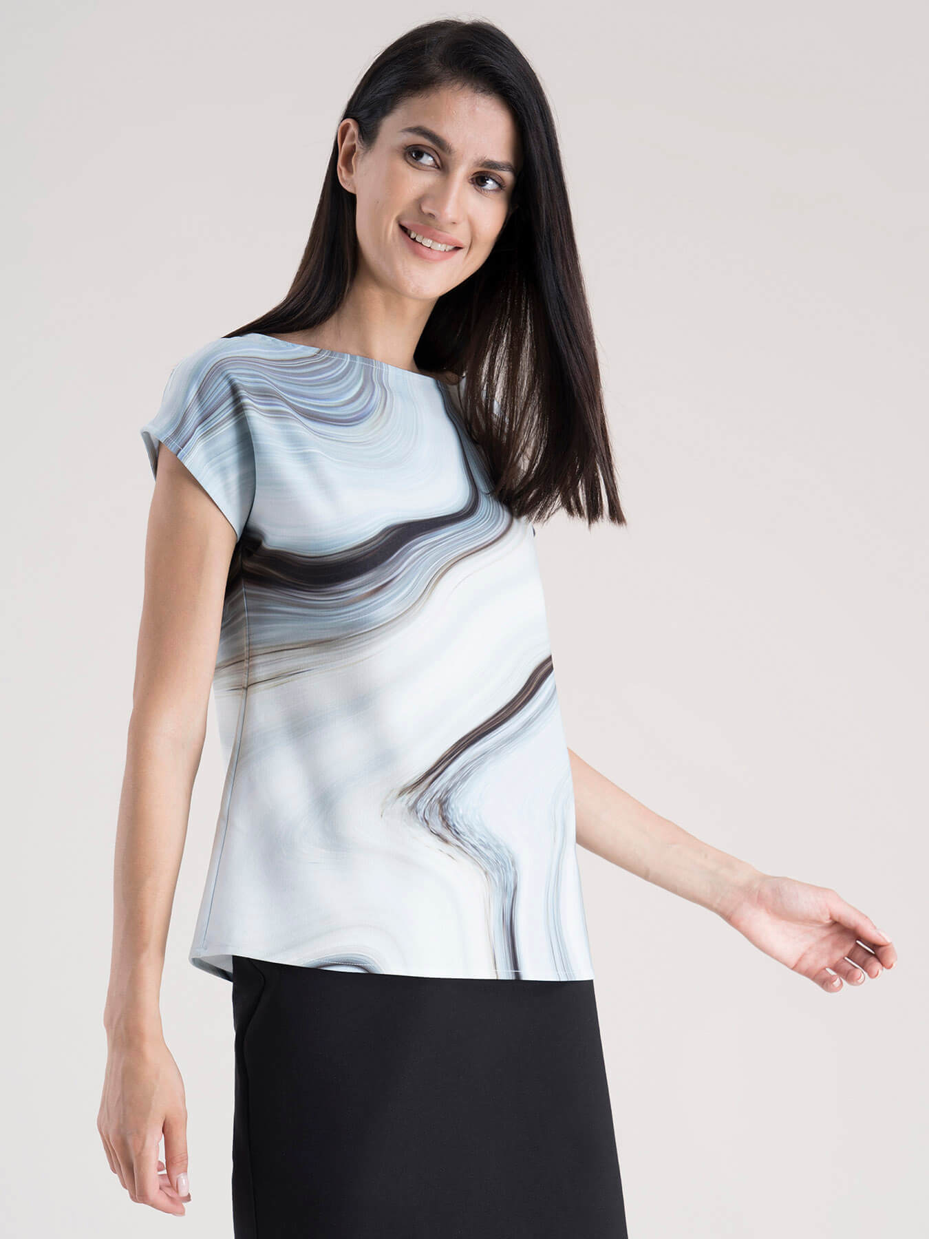 Marble Print Drop Shoulder Top - Light Blue