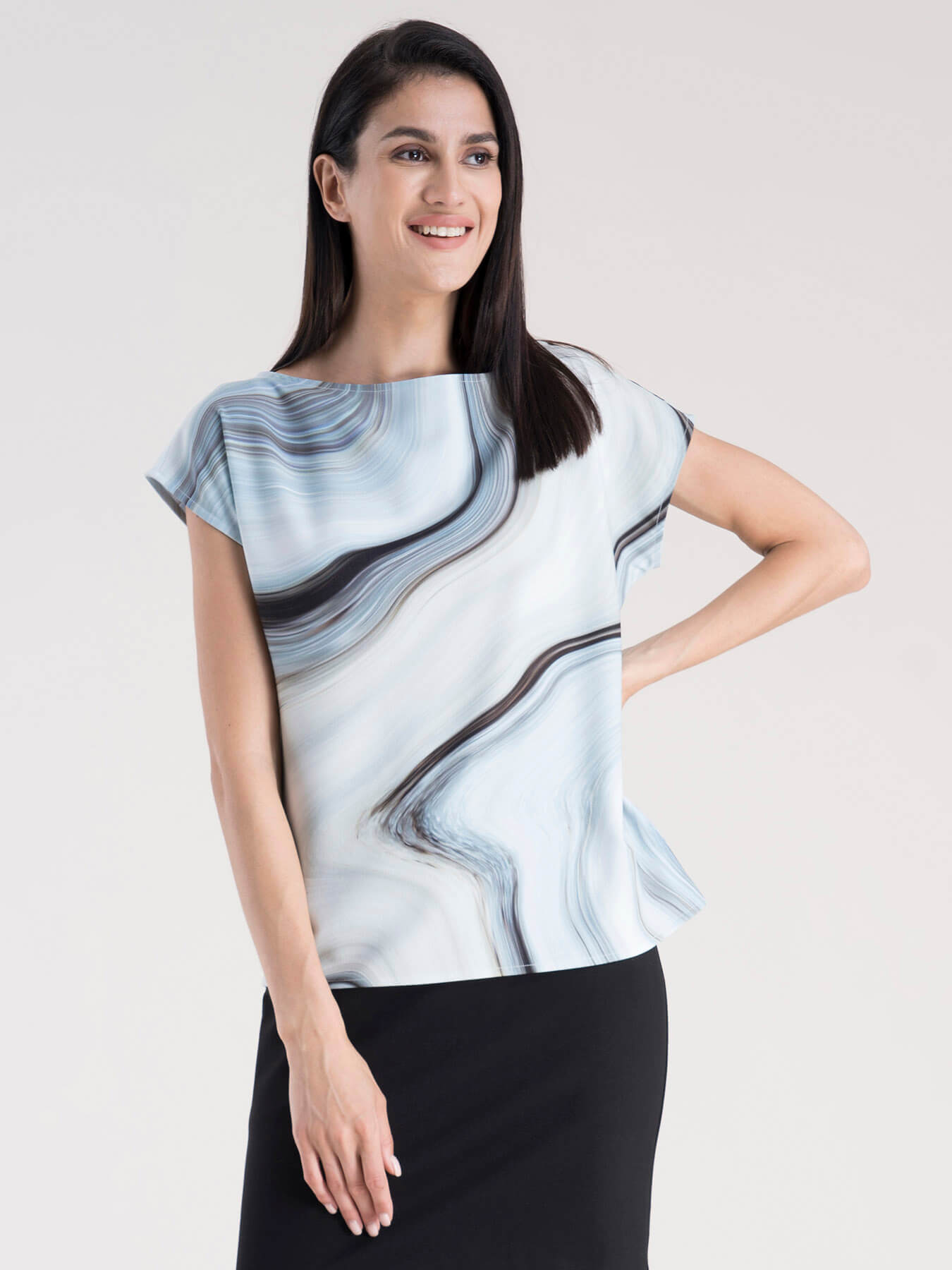 Marble Print Drop Shoulder Top - Light Blue
