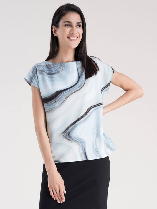 Marble Print Drop Shoulder Top - Light Blue
